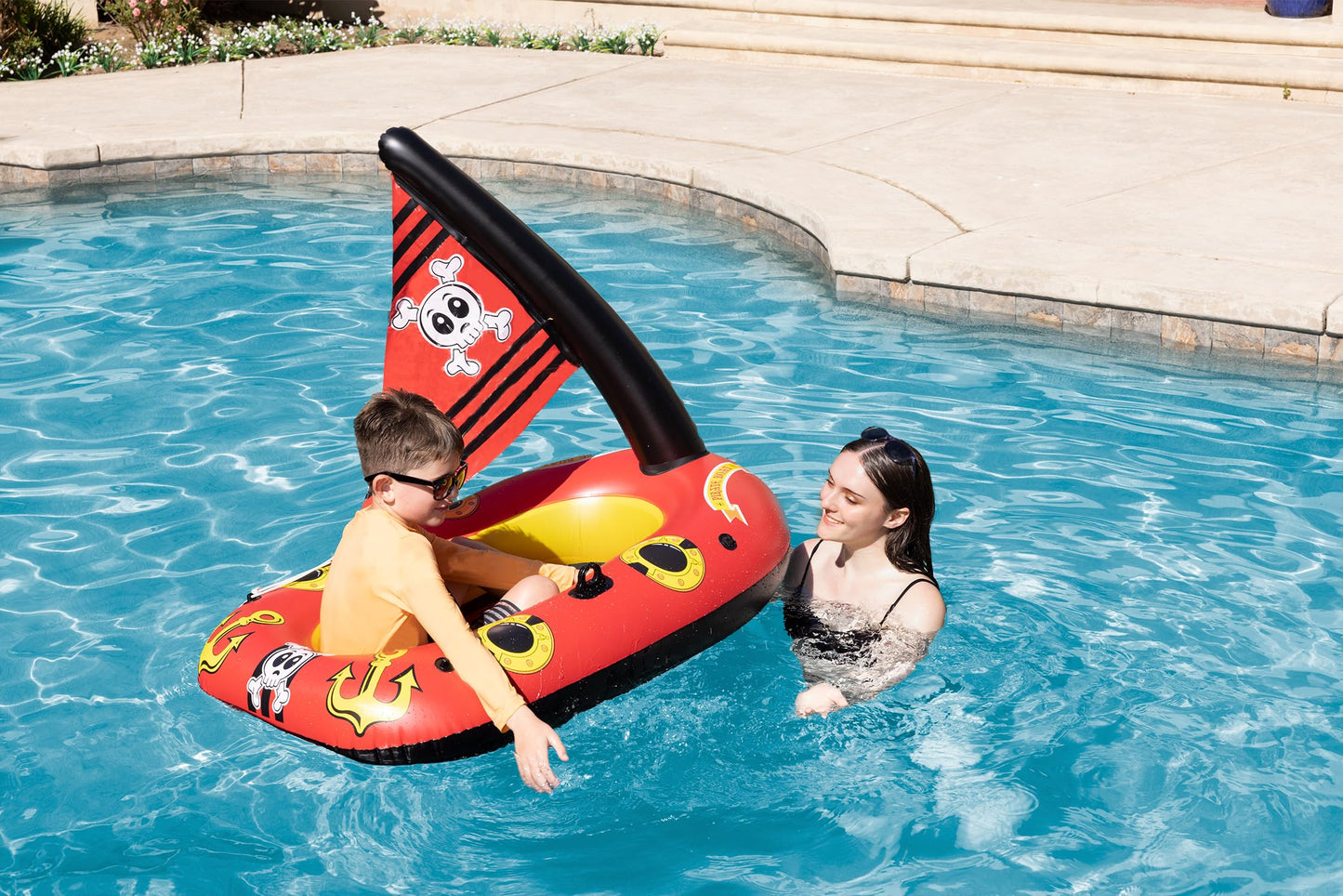 Poolmaster Inflatable Pirate Boat Pool Float for Kids, Baby Rider Boat with Seat, Pirate Ship Inflatable with Mast, Oar Locks and Rope Holders, Durable Vinyl Floatie for Pool, Lake or Beach