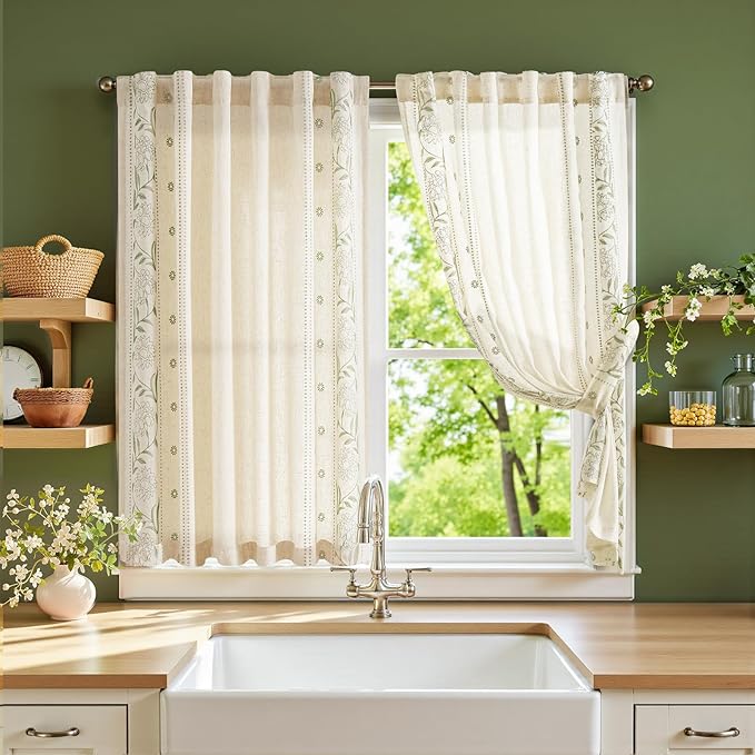 jinchan Winslow Linen Curtains 45 Inch Length Small Window Curtains Embroidered Bordered Floral Drapes Light Filtering for Bathroom Laundry Room Kitchen Farmhouse Decor Sage on Beige 2 Panels