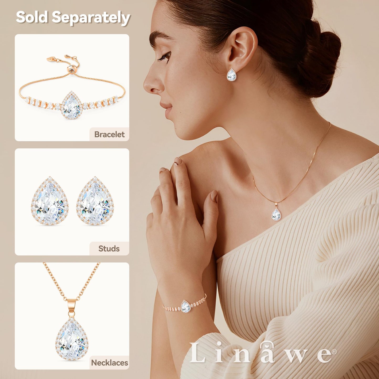 Linawe Imitation Diamond Moissanite Cubic Zirconia Stud Earrings, Rose Gold Earrings Studs for Women Wedding, Teardrop Rhinestone Crystal Clear Piercing Jewelry Formal Dainty Sparkly