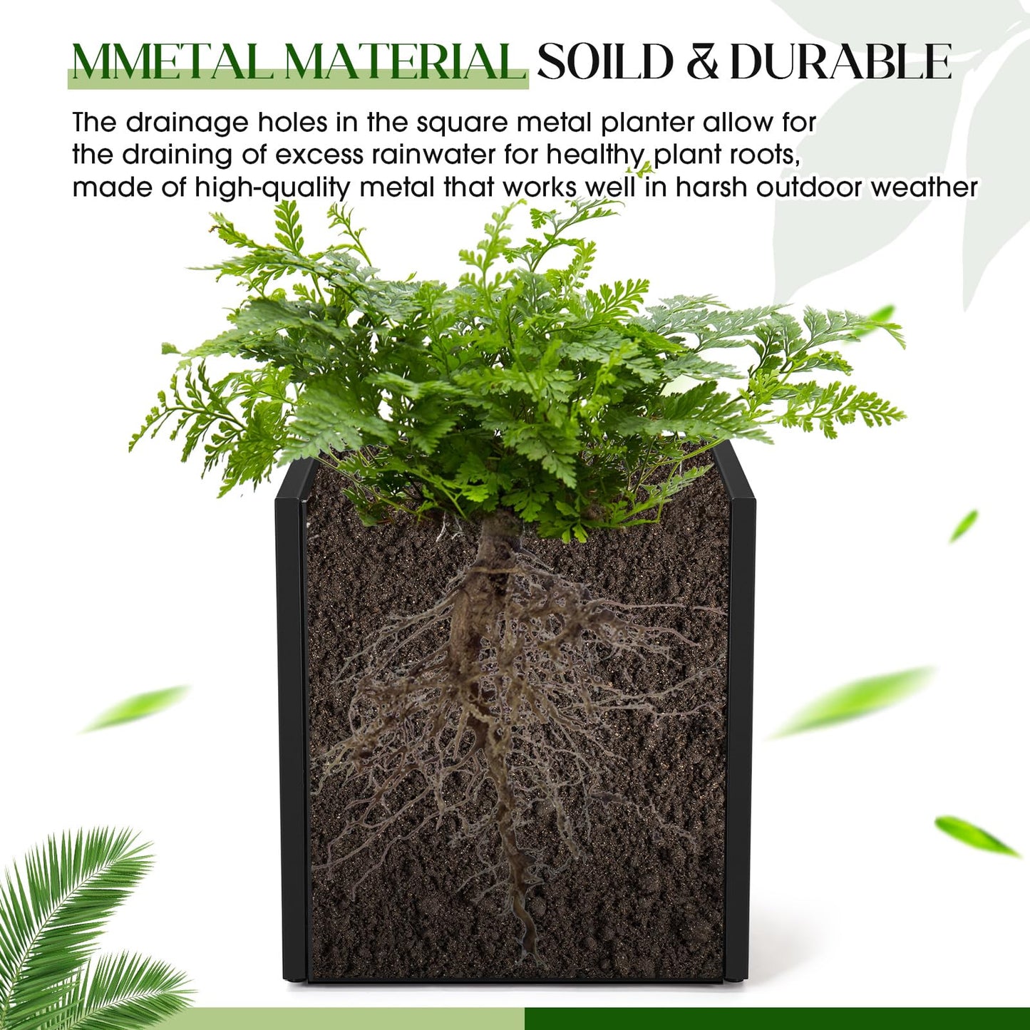 RimCereal 2 Pcs Extra Large Black Square Planter Box Outdoor 17" L x 17" W x 18" H Heavy Galvanized Steel Planters with Drainage Holes Divider for Patio Porch Tall Plants