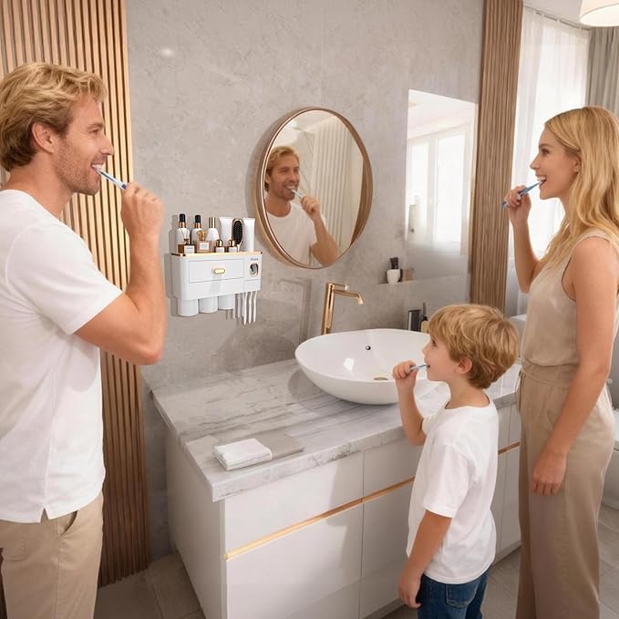 iHave Toothbrush Holders for Bathrooms - Upgrade Wall Mounted Toothbrush Holder with Toothpaste Dispenser - 3 Cups, Large Capacity Tray - Bathroom Accessories & Bathroom Storage