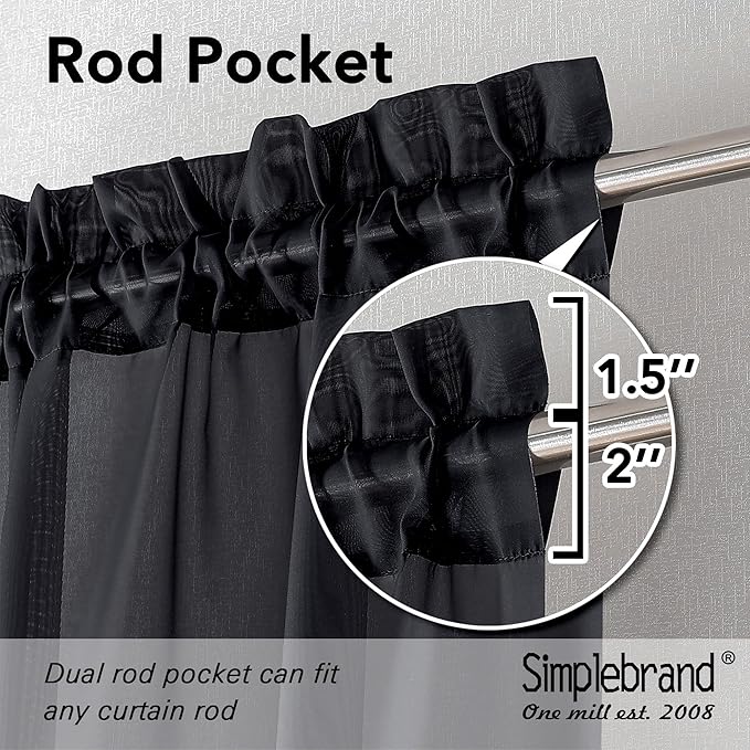 Simplebrand Black Sheer Curtains, 63" Length, 2 Panels Set - Light Filtering, Rod Pocket Window Curtains for Bedroom (Black, 59" W x 63" L)