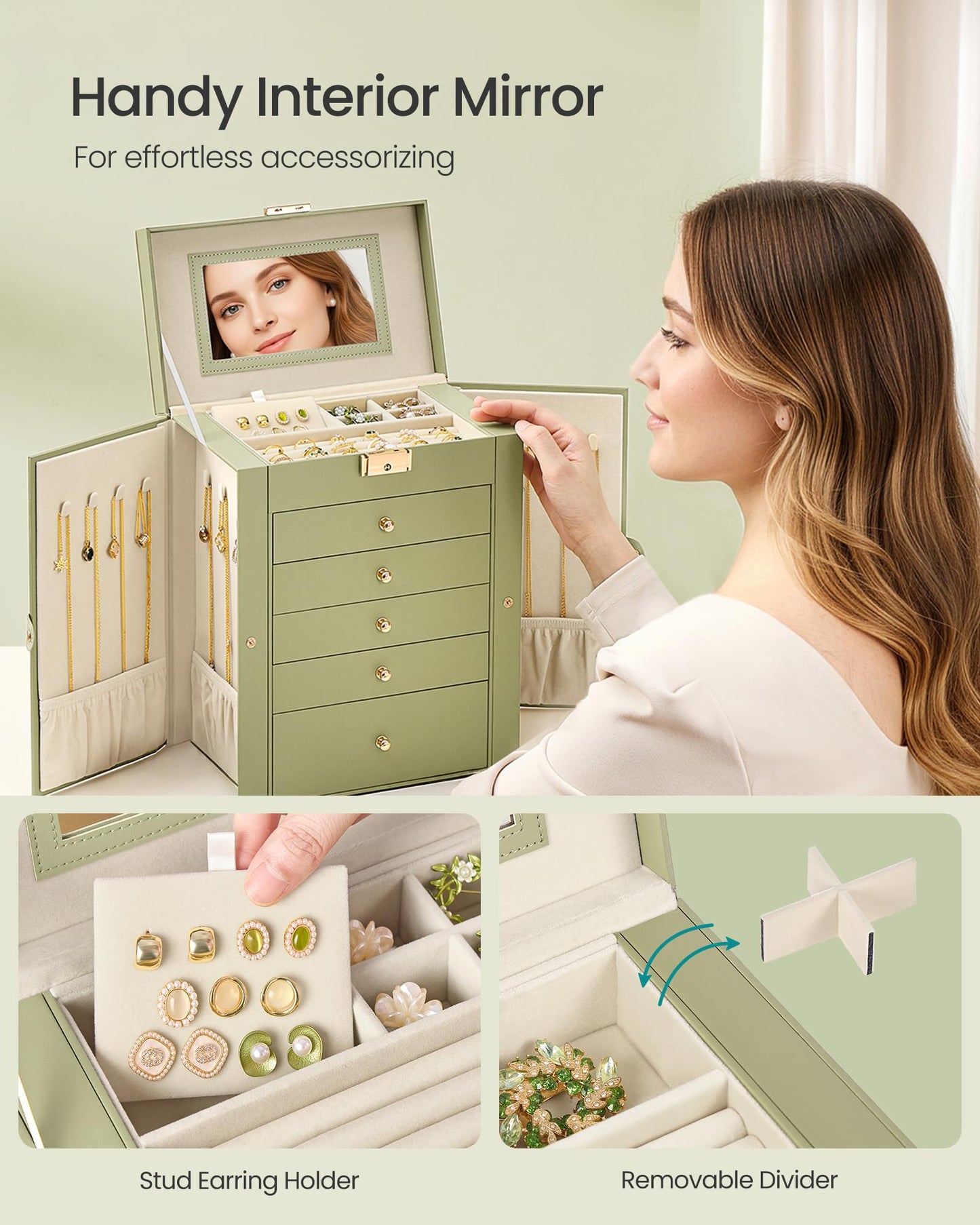 SONGMICS 6-Layer Jewelry Box Organizer with 5 Drawers, Jewelry Storage Case with Lock and Mirror, Large Storage Capacity, Gift for Loved Ones, for Necklaces, Watches, Sage Green UJBC152CE01S