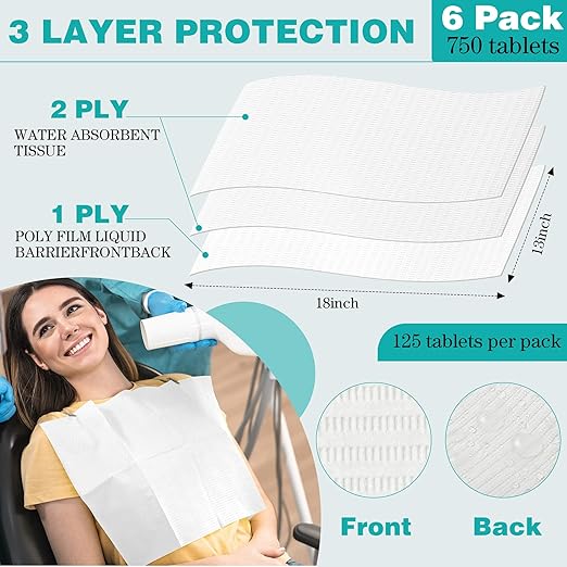 Newwiee 750 Pcs Disposable Dental Bibs Bulk Waterproof Tattoo Sheet Patients for Lash Nail Art Tray Cover 13" x 18"(White)