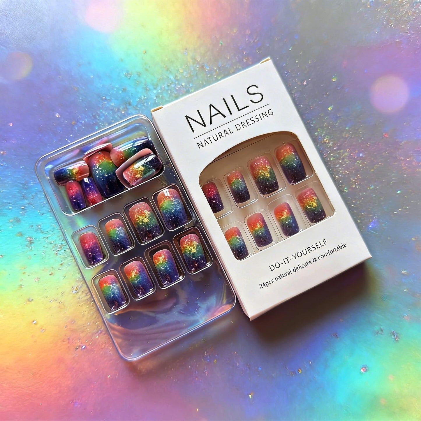 Medium Square Press on Nails Aurora Starry Sky Fake Nails Multicolor Gradient False Nail Glossy Full Cover Stick on Nail Reusable Artificial Glue on Nails for Women Manicure 24Pcs