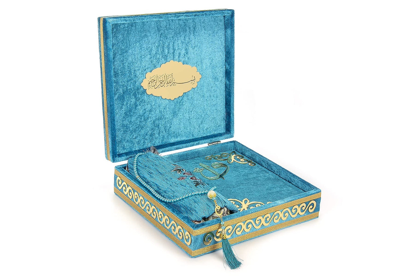 ihvan online Luxury Islamic Prayer Velvet Covered Gift Box, Deluxe 4 Piece Set with Elegant Velvet Covered Quran & Prayer Beads Tesbih & Prayer Rug, Ramadan & Eid Gift, Petroleum