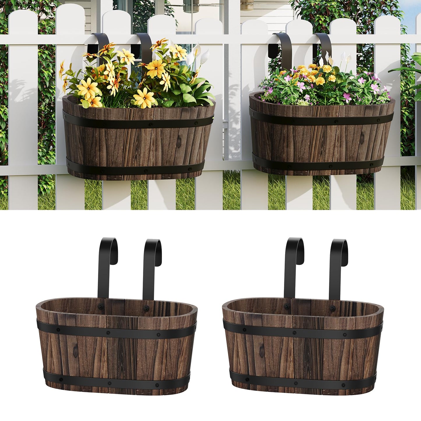 2pcs Wood Railing Planter Boxes Wooden Hanging Flower Pots for Railing Fence Outdoor Plants Wall Planters Window Flower Box Hanging Bucket Pots Countryside plant Holder (Carbonized,2pcs,Small)