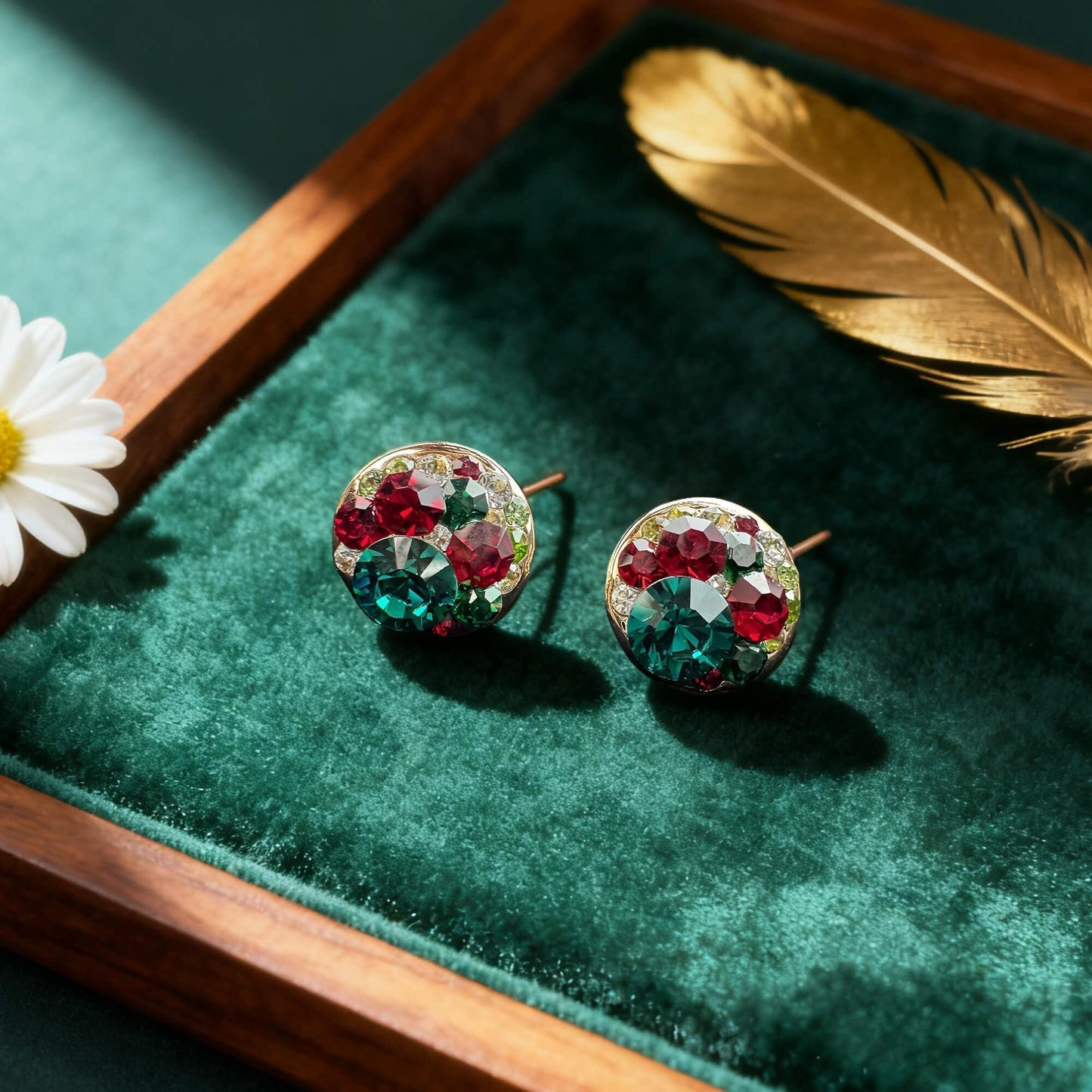 Multicolored Austrian Crystal Rhinestone Stud Earrings for Women Fashion S925 Sterling Silver Hypoallergenic Jewelry (Christmas Glow)