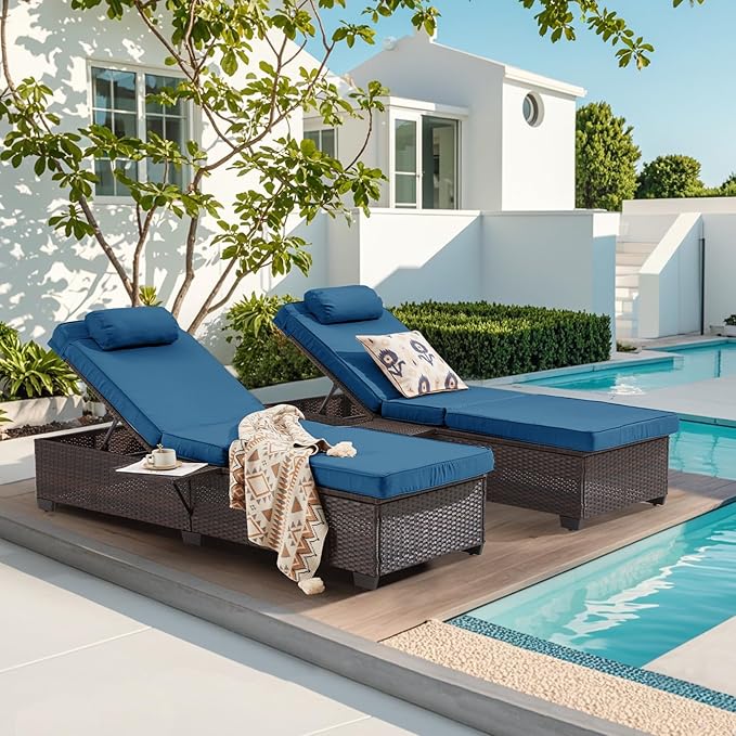 Outdoor Lounge Chairs, Pool Lounge Chairs Set of 2, Outdoor Chaise Lounge with Adjustable Backrest & Cup Holder,Peacock Blue Cushion