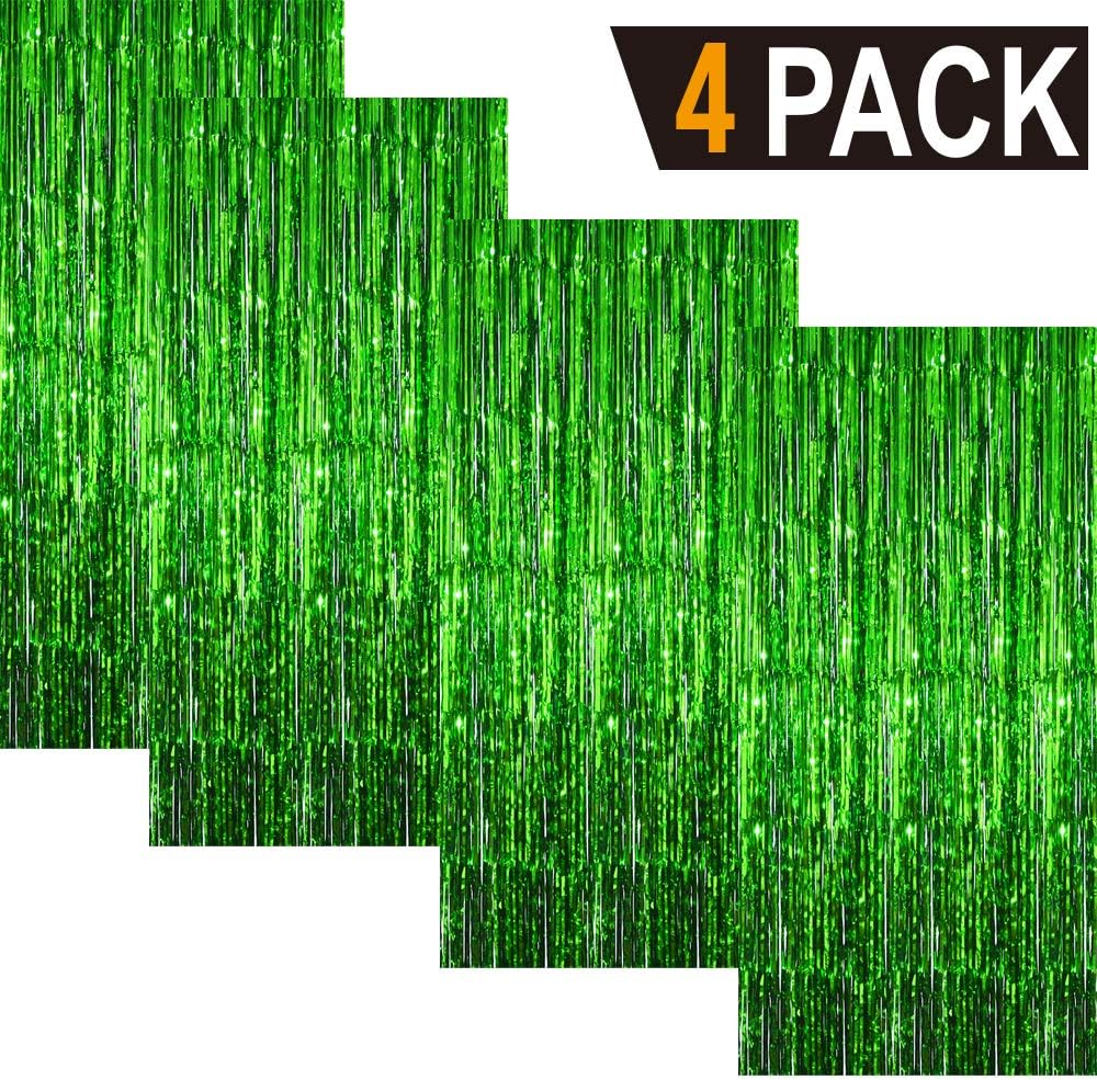 GOER 3.2 ft x 9.8 ft Metallic Tinsel Foil Fringe Curtains Party Photo Backdrop Party Streamers for St. Patrick's Day,Graduation,New Year Eve Decorations Christmas Wedding Decor (Green,4 Packs)