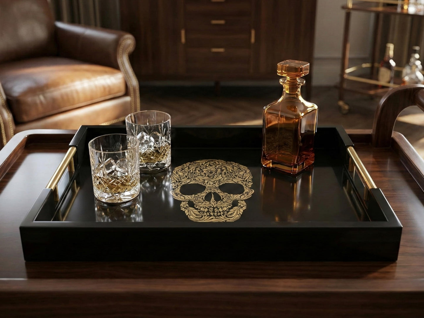 Gothic Skull Serving Tray with Gold Handles – Black Gloss Wooden Ottoman Tray for Coffee Table, Bar, or Kitchen – Elegant Gothic Decor & Unique Gift for Halloween, Horror & Alternative Style Lovers
