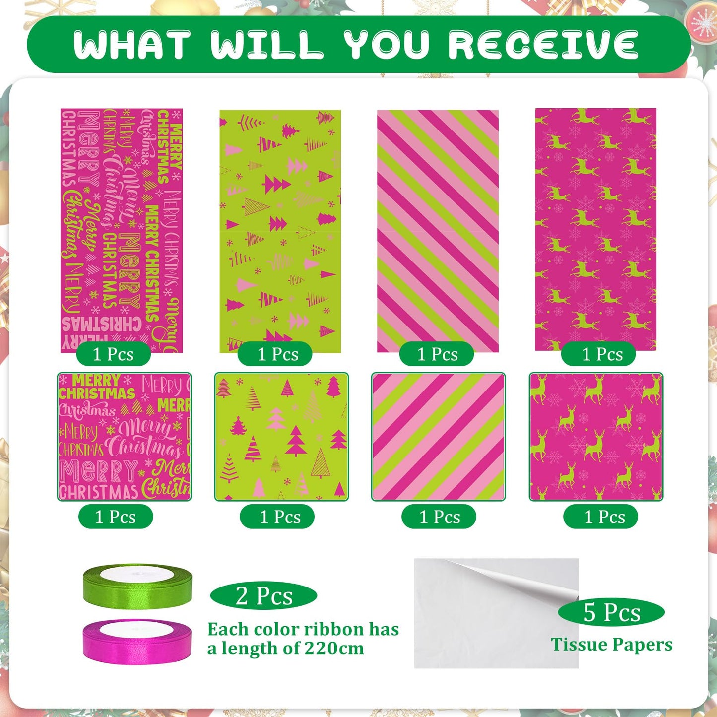 Cinrobiye 4 Pcs Christmas Gift Boxes with Lid,Ribbon and Tissue Papers,9" Black and White Christmas Winter Square Cardboard Box for Gift Wrapping Holiday Present Birthday Assorted Design (Green Pink)
