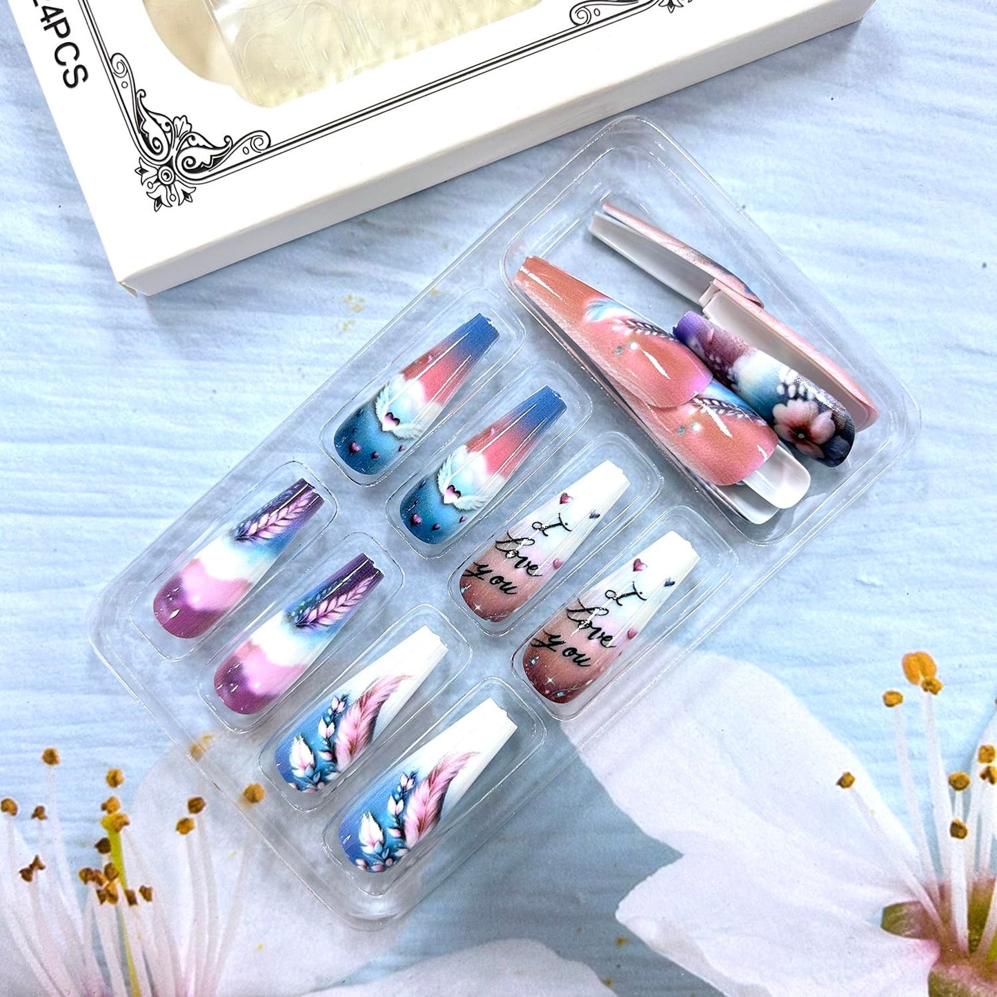 Ballet Shaped Press on Nails Long Length Flower False Nails Pretty Feather and Clouds Design Artificial Nails Blue Gradient Acrylic Nails Glossy Coffin Nails Reusable Stick on Nails for Women 24Pcs