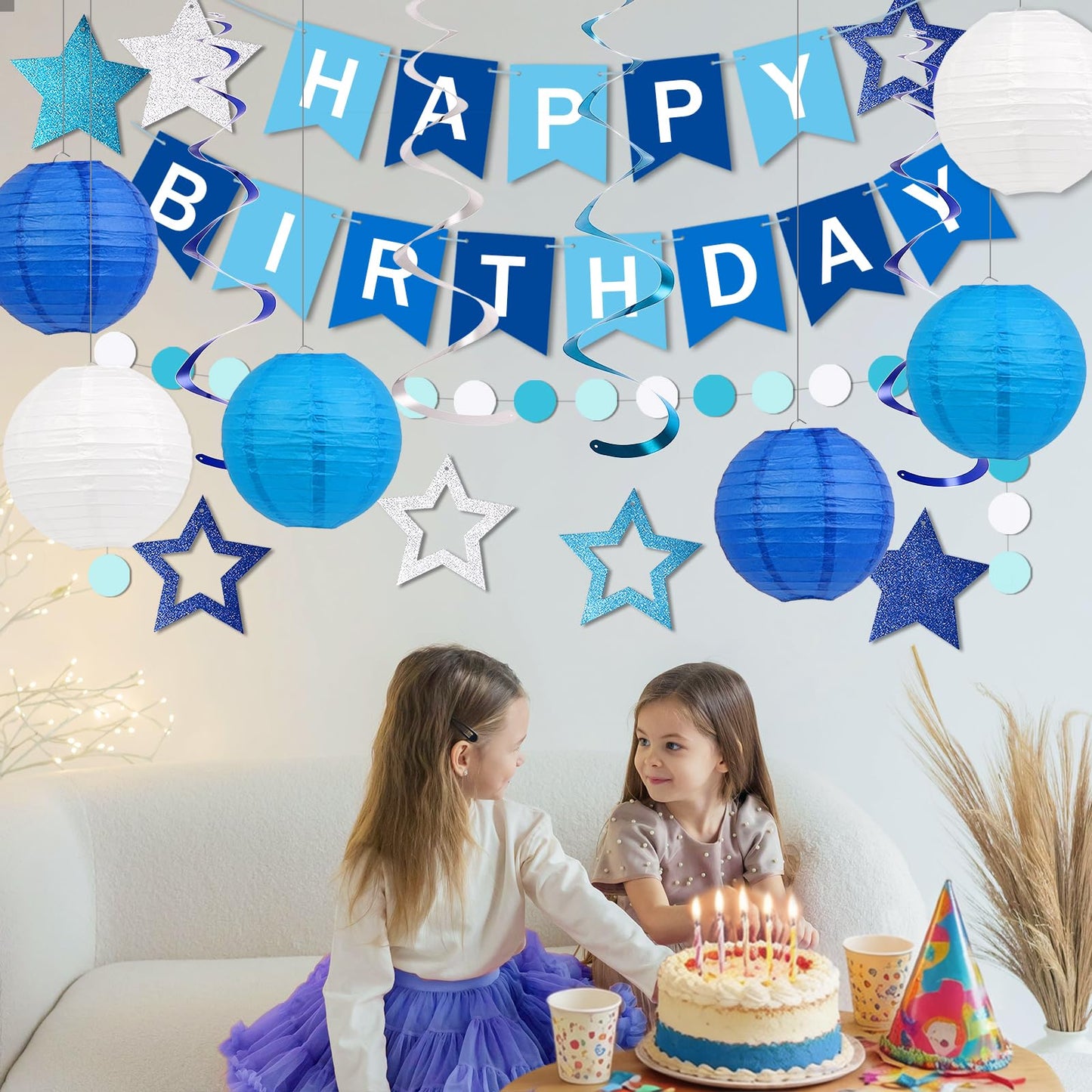 Happy Birthday Decorations, Blue Birthday Party Decorations Set with Happy Birthday Banner, Paper Lanterns, Star Swirl Hanging Decorations & Circle Dots Garland