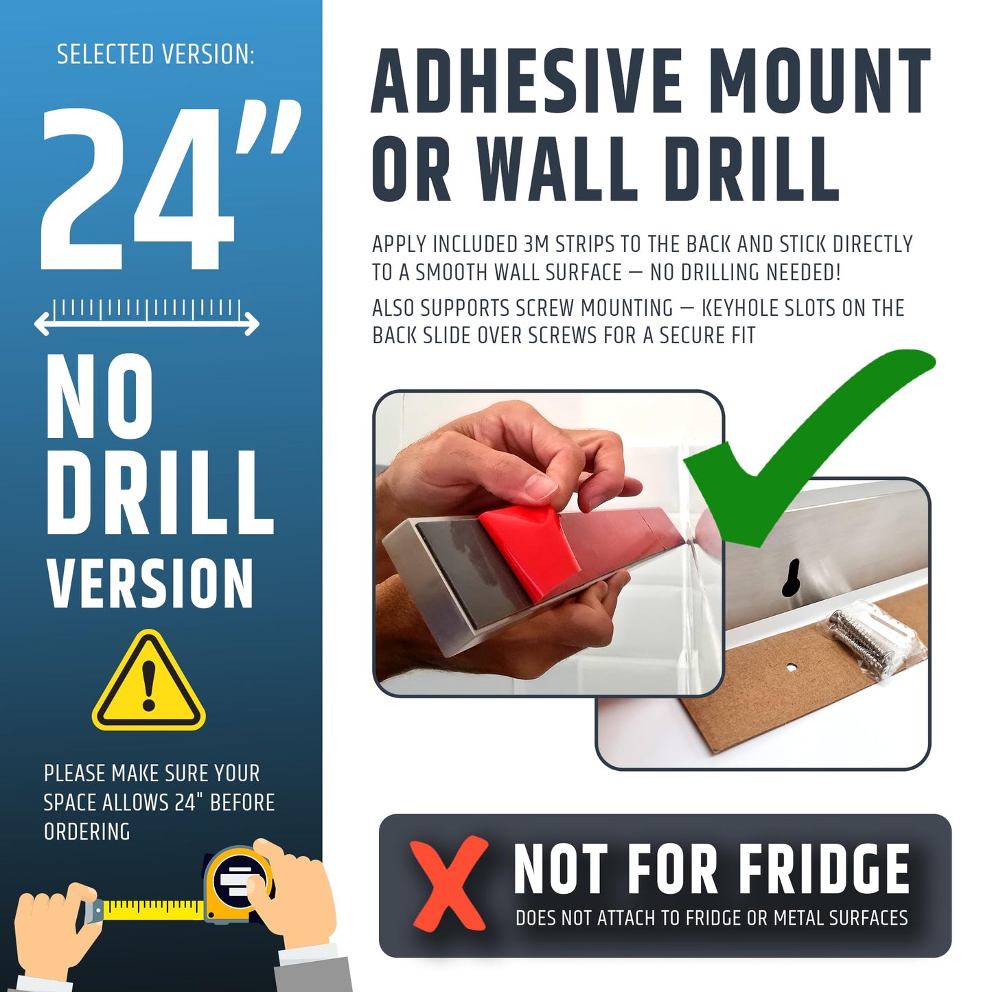 24" Strong Adhesive (No Drill) Magnetic Knife Holder for Wall - Professional Knife Strip - No Screws Needed - Adhesive Backing - Stainless Steel Knife Bar (Upgraded Version – Will Not Fall)
