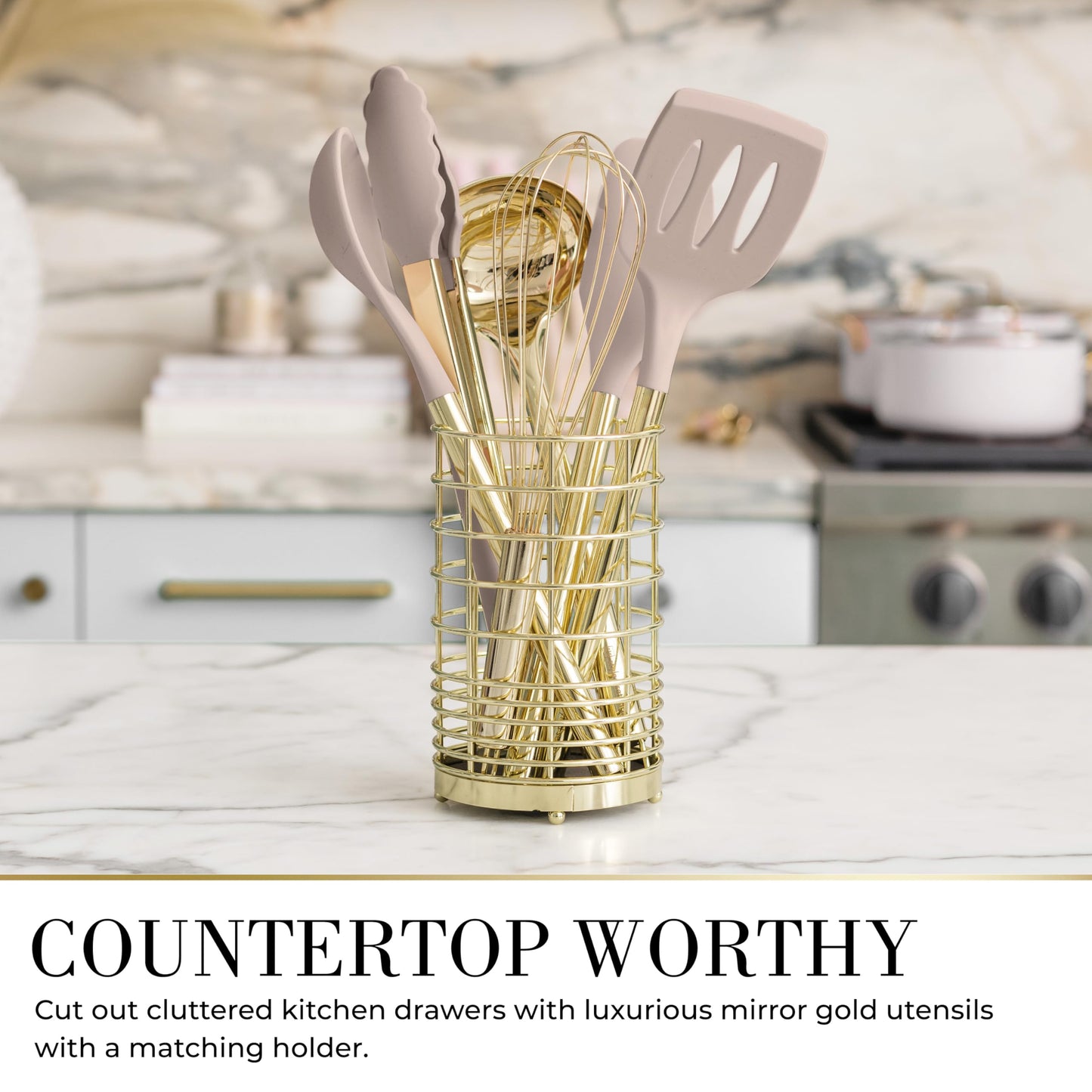 7-Piece Beige & Gold Kitchen Utensils Set – Non-Toxic Silicone & Stainless Steel Tools for Cooking, Serving, & Hosting – Ideal for Nonstick Cookware & Modern Kitchens, with Gold Utensil Holder