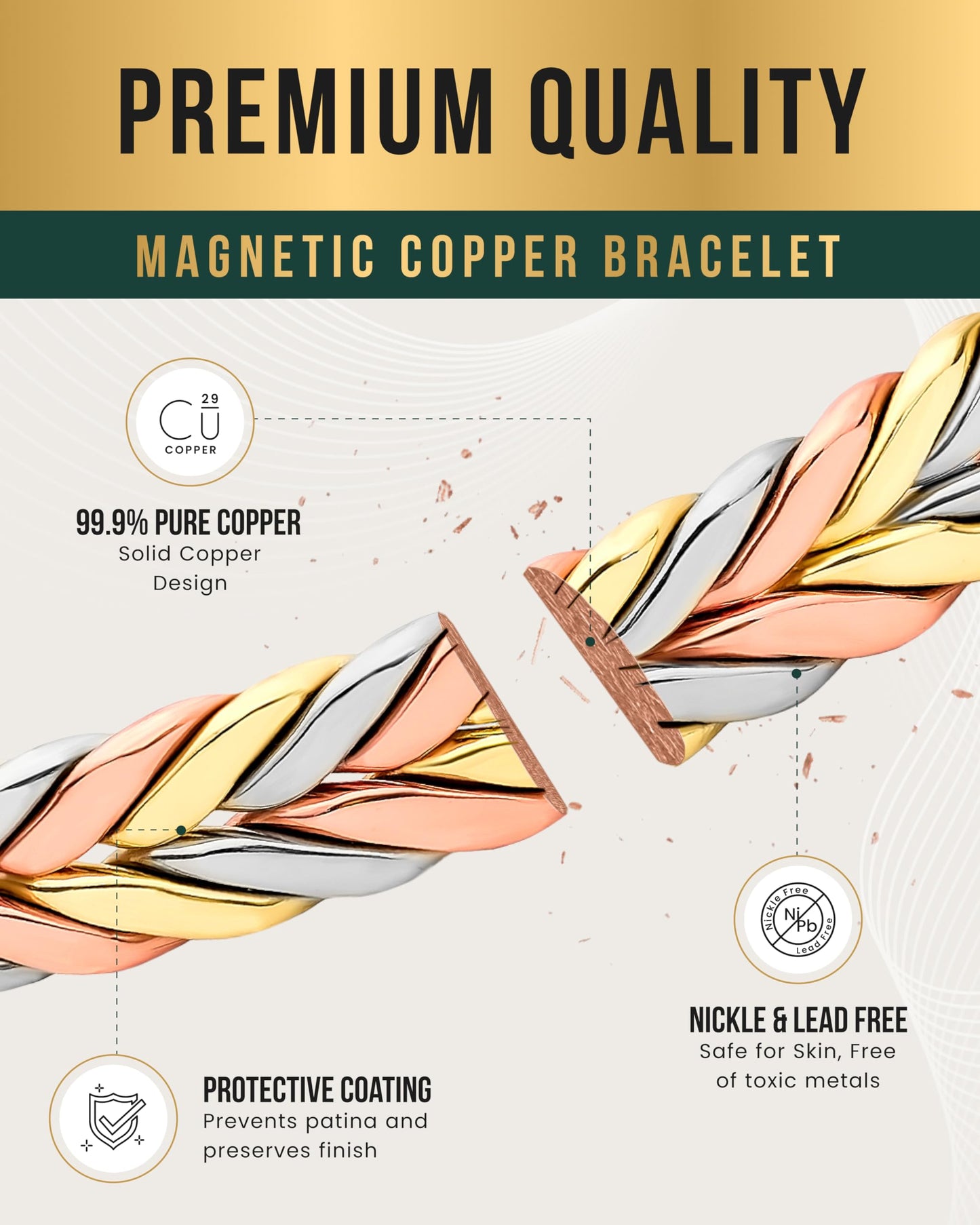 MagnetRX® Woven Copper Magnetic Bracelet - Magnetic Copper Bracelets - Adjustable Pure Copper Cuff Bracelet with Magnets (Tri-Color, M/L)