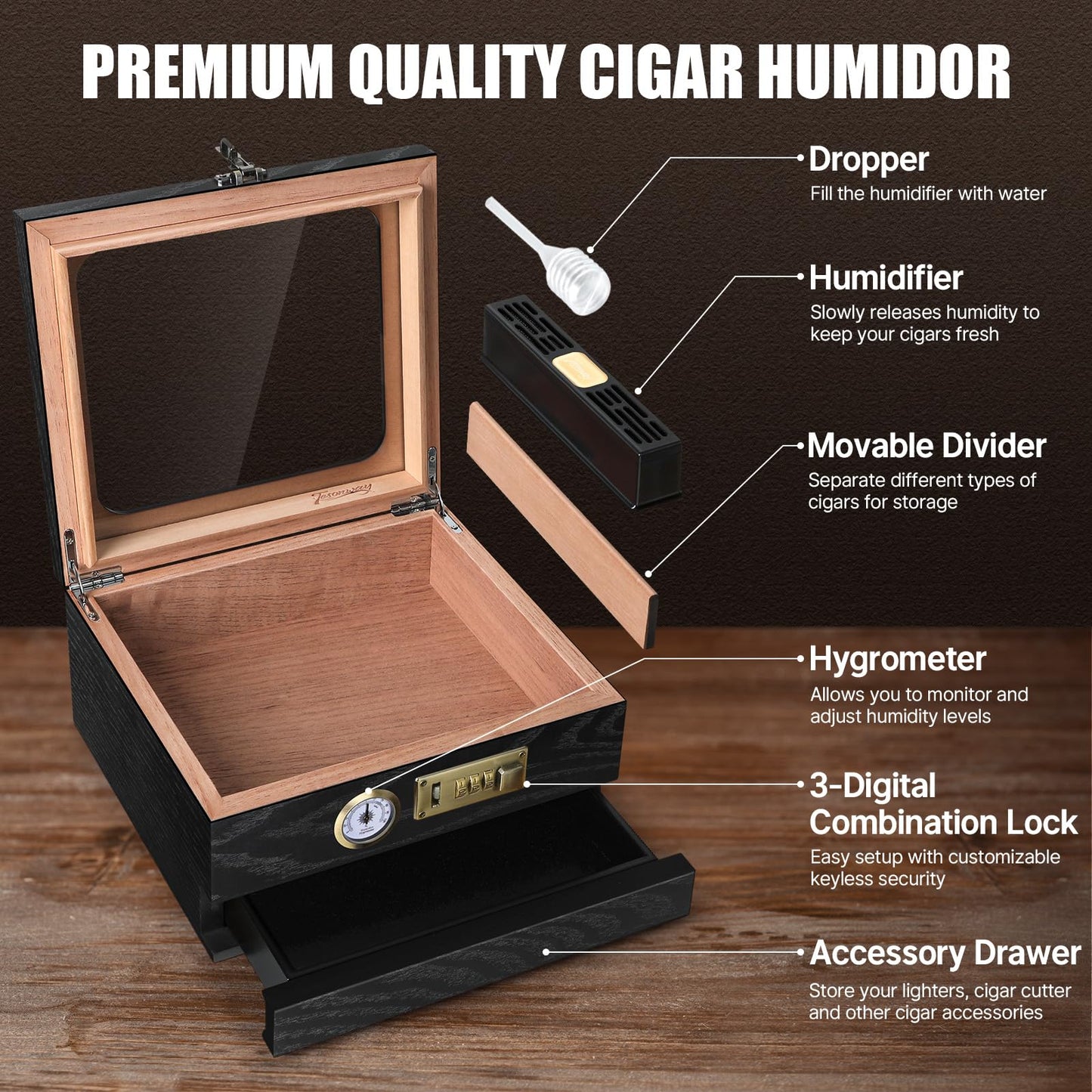 Tesonway Cigar Humidor, Cedar Wood Humidor Cigar Box, Glass Top Desktop Humidor with Front Hygrometer, Humidifier, Divider, Accessories Drawer and Combination Lock, Cigar Gifts for Men (Black)