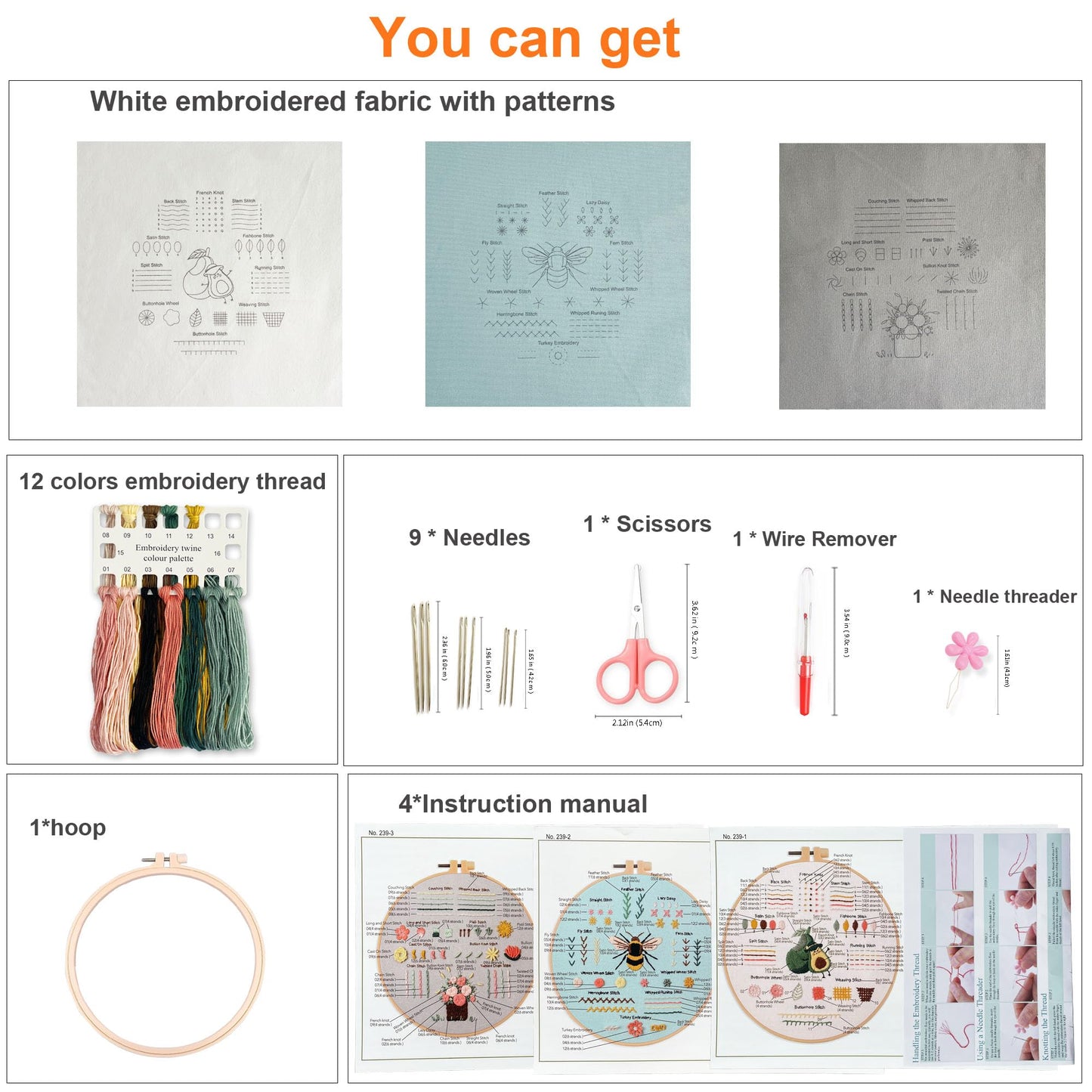 Myfelicity 3 Embroidery kit for Beginners, Beginner Embroidery Kit for Adults. Starter Kits to Learn 28 Different Stitches, Including Fabric with Prints, Threads, Needles, Hoop and Video tutorials…