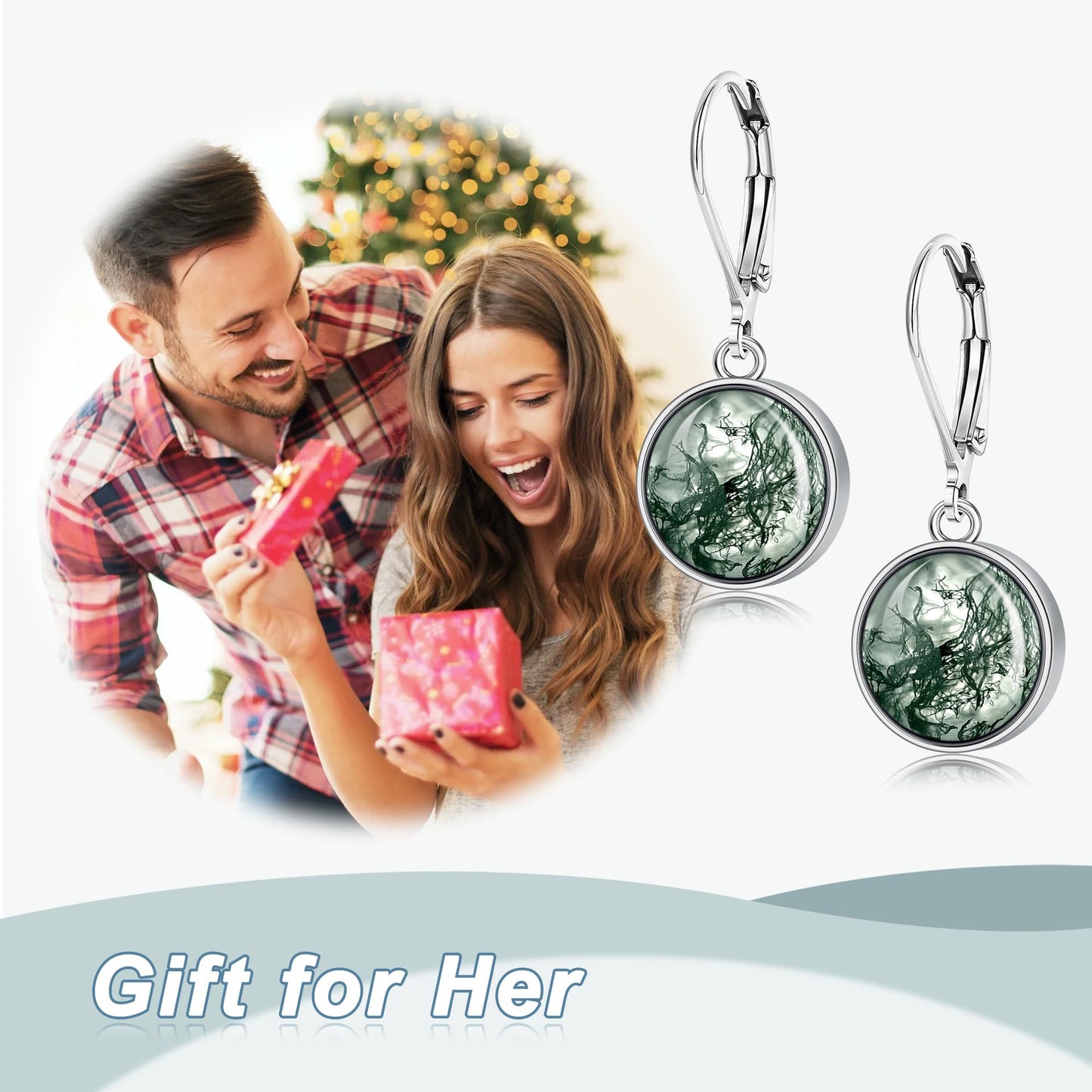 TALYKONG Moss Agate Earrings - Round Moss Agate Dangle Leverback Earrings for Women