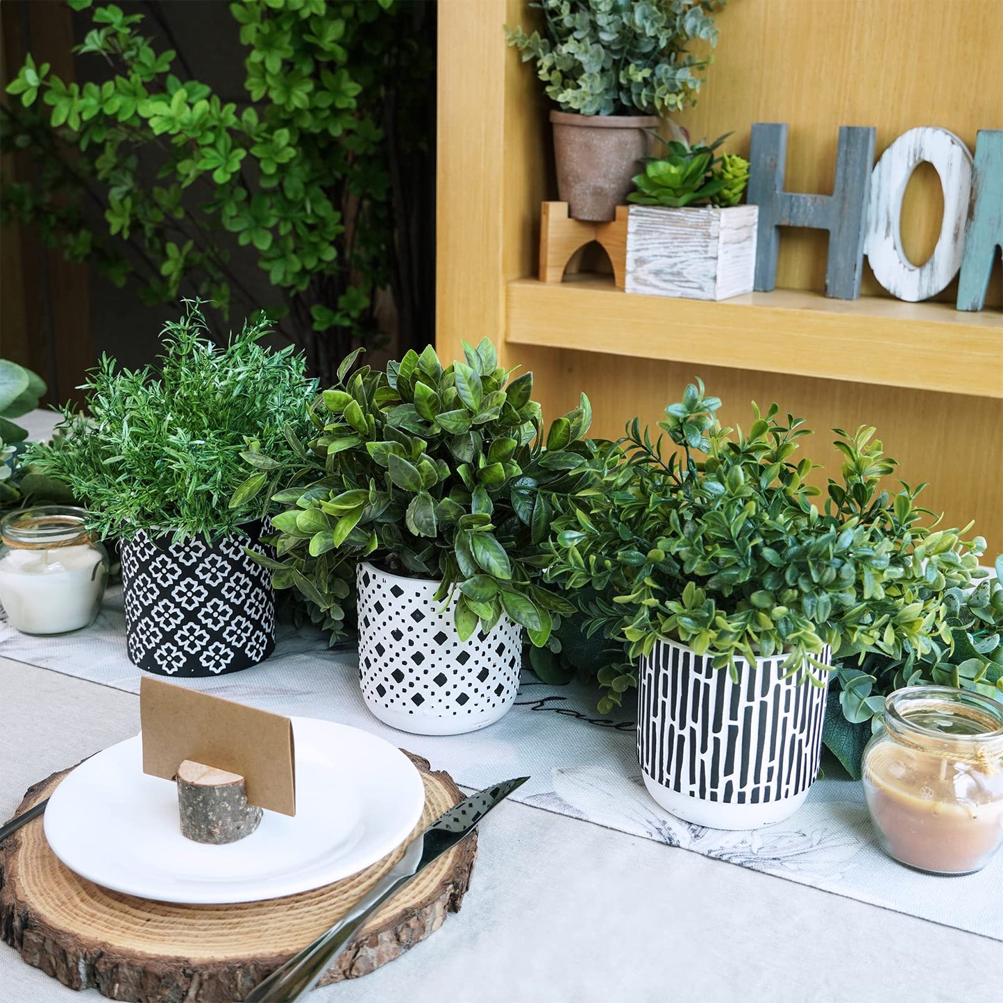 Winlyn 3-Pack Artificial Potted Plants - Faux Eucalyptus, Rosemary, Boxwood Greenery in Small Black & White Geometric Concrete Pots -Desk, Table, Shelf, Windowsill Decor for Indoor Outdoor Home Office