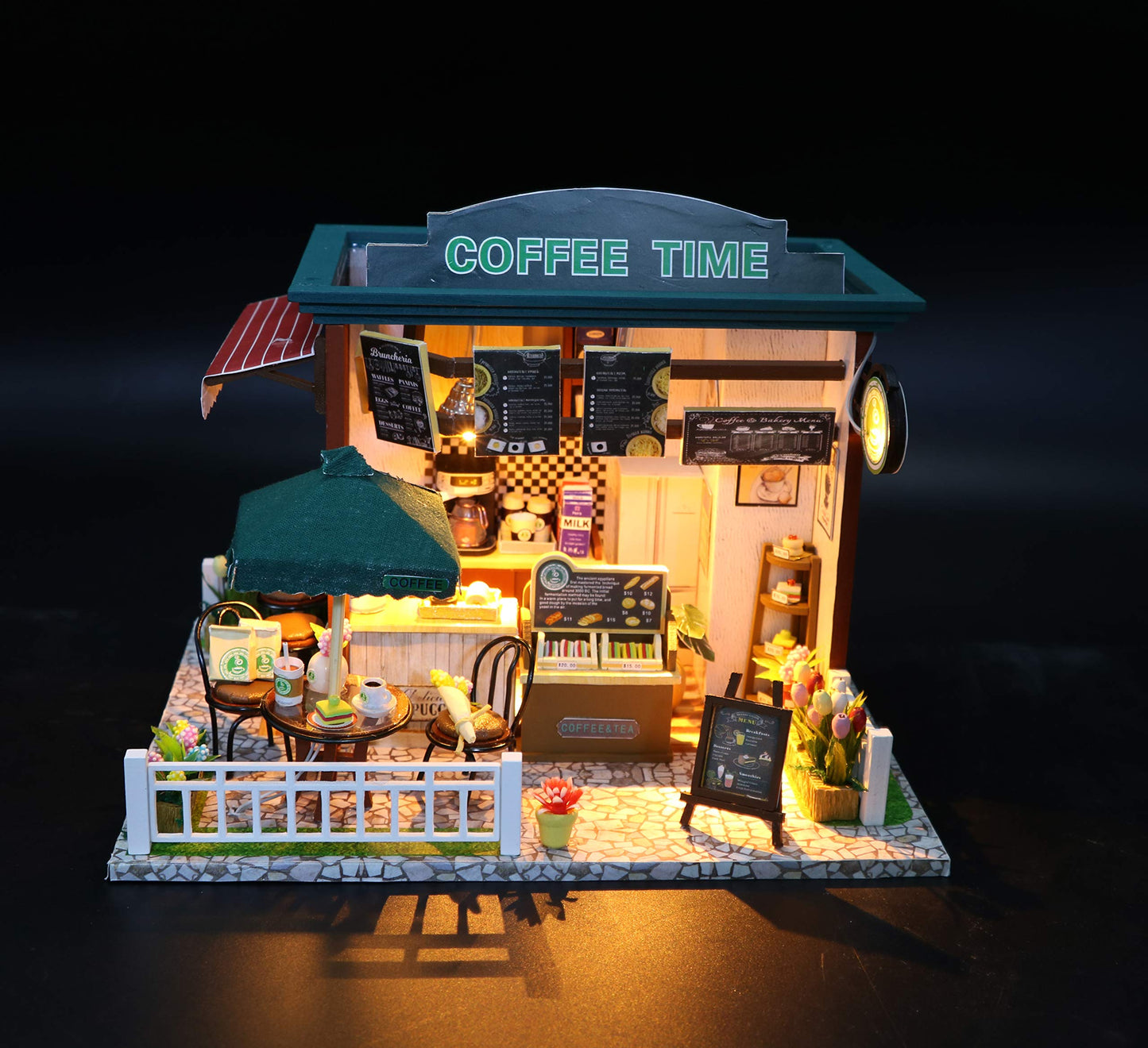 Flever Dollhouse Miniature DIY House Kit Creative Room with Furniture for Romantic Valentine's Gift (Time Cafe)