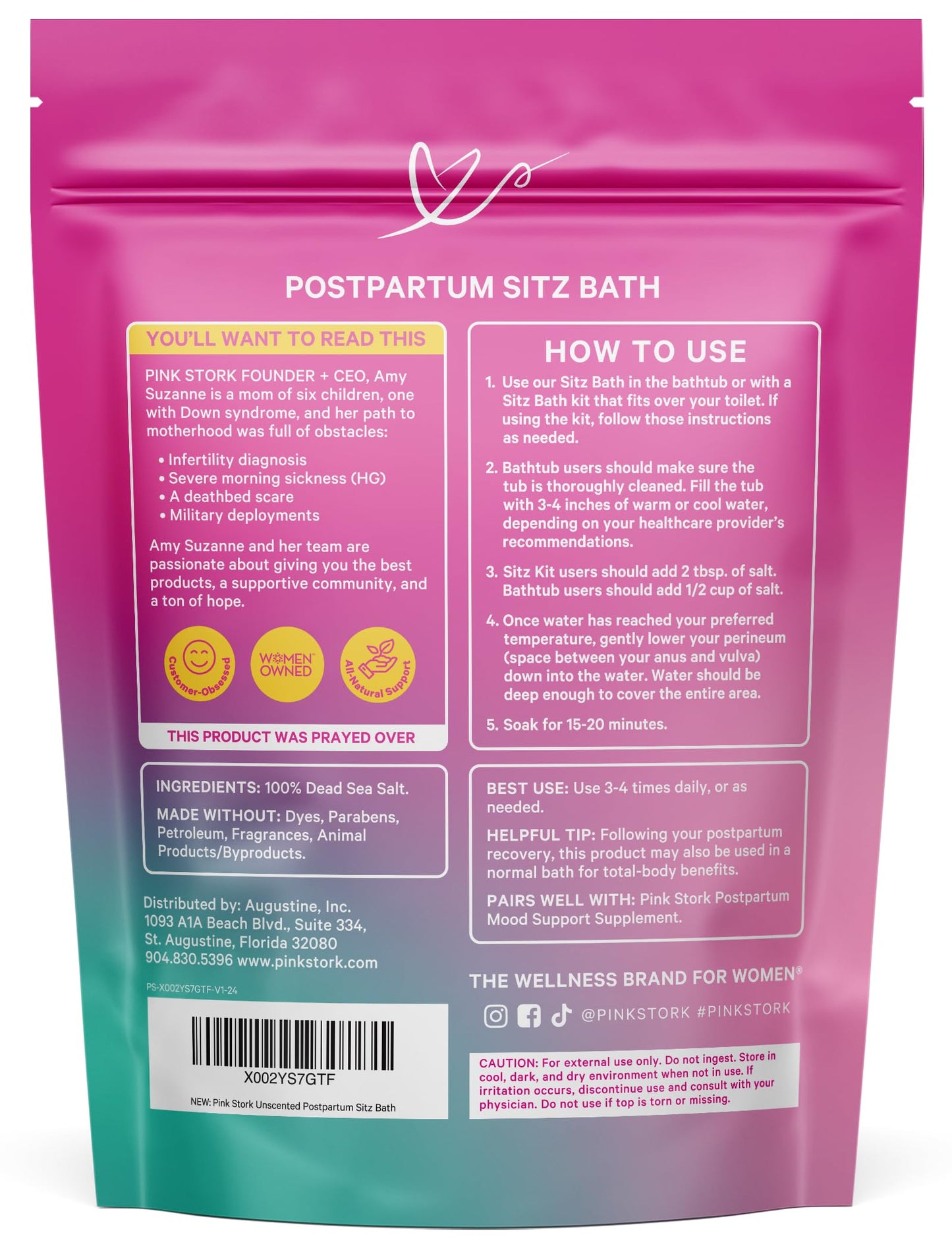 Pink Stork Postpartum Sitz Bath Soak: Dead Sea Salt for Perineal Care & Cleansing, Postpartum Recovery, Labor and Delivery Essentials, Women-Owned, Unscented, 16 oz