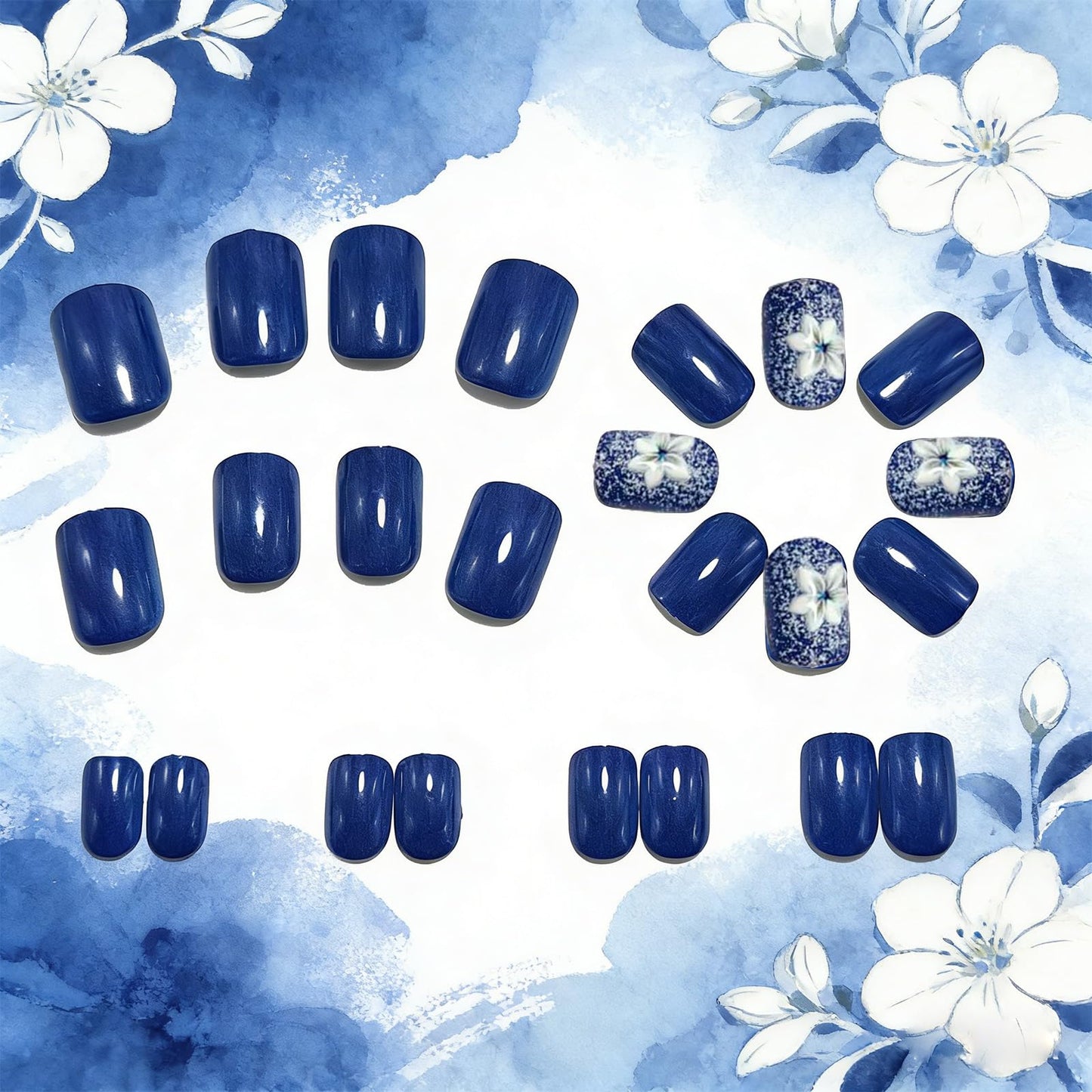 Navy Blue Press on Nails with 3D Flower Designs Short Square Fake Nails 24Pcs White Floral Press on False Nails Glossy Artificial Glue on Nail Reusable Stick on Fingernails for Women