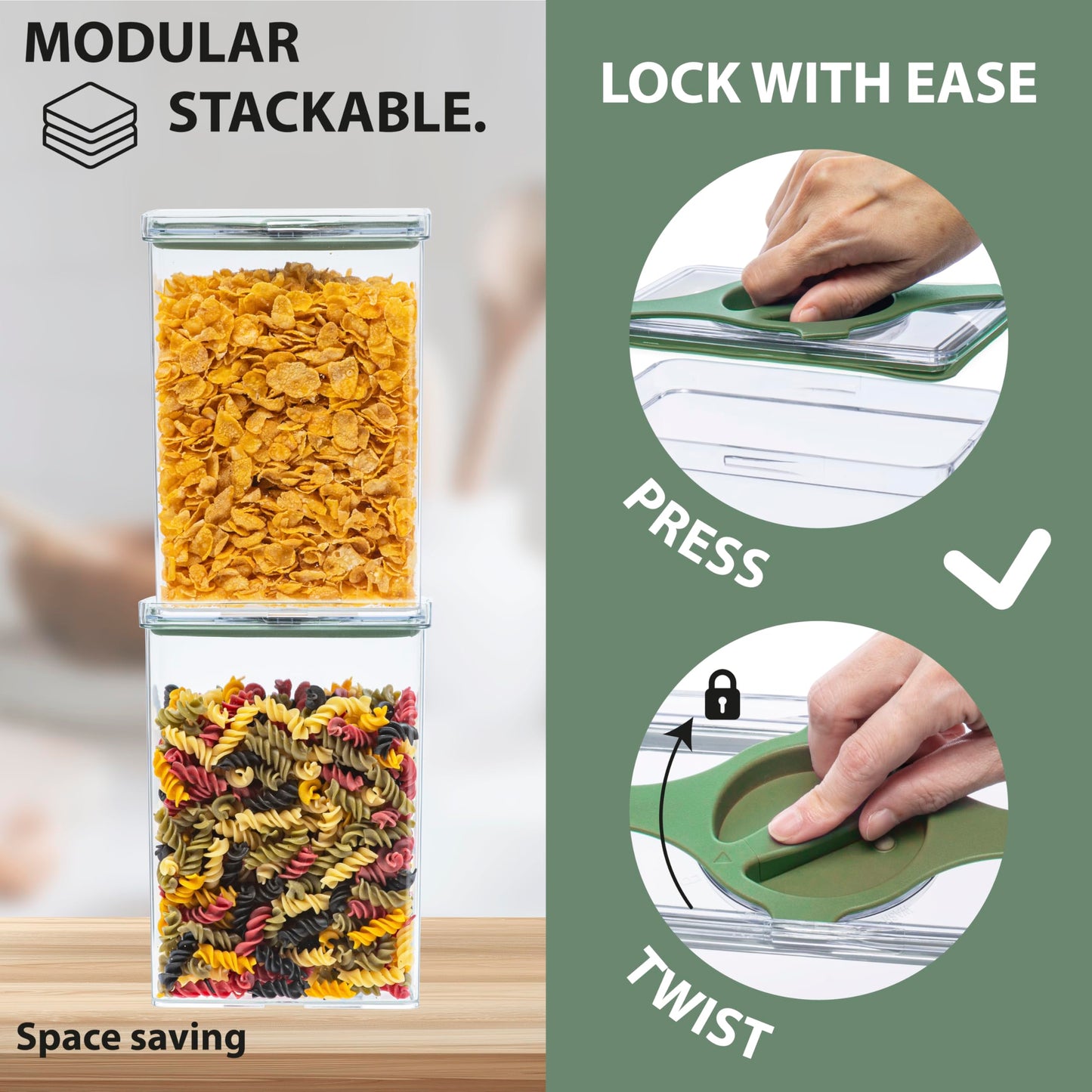 Prestoor 5-Pack SAN Airtight Pantry Storage Container Set, Leakproof Twist-Lock Lids, BPA-Free Stackable Canisters for Sugar, Flour, Pasta, Cereal & Snacks (0.8qt, 1.9qt ×2, 3qt, 4qt)