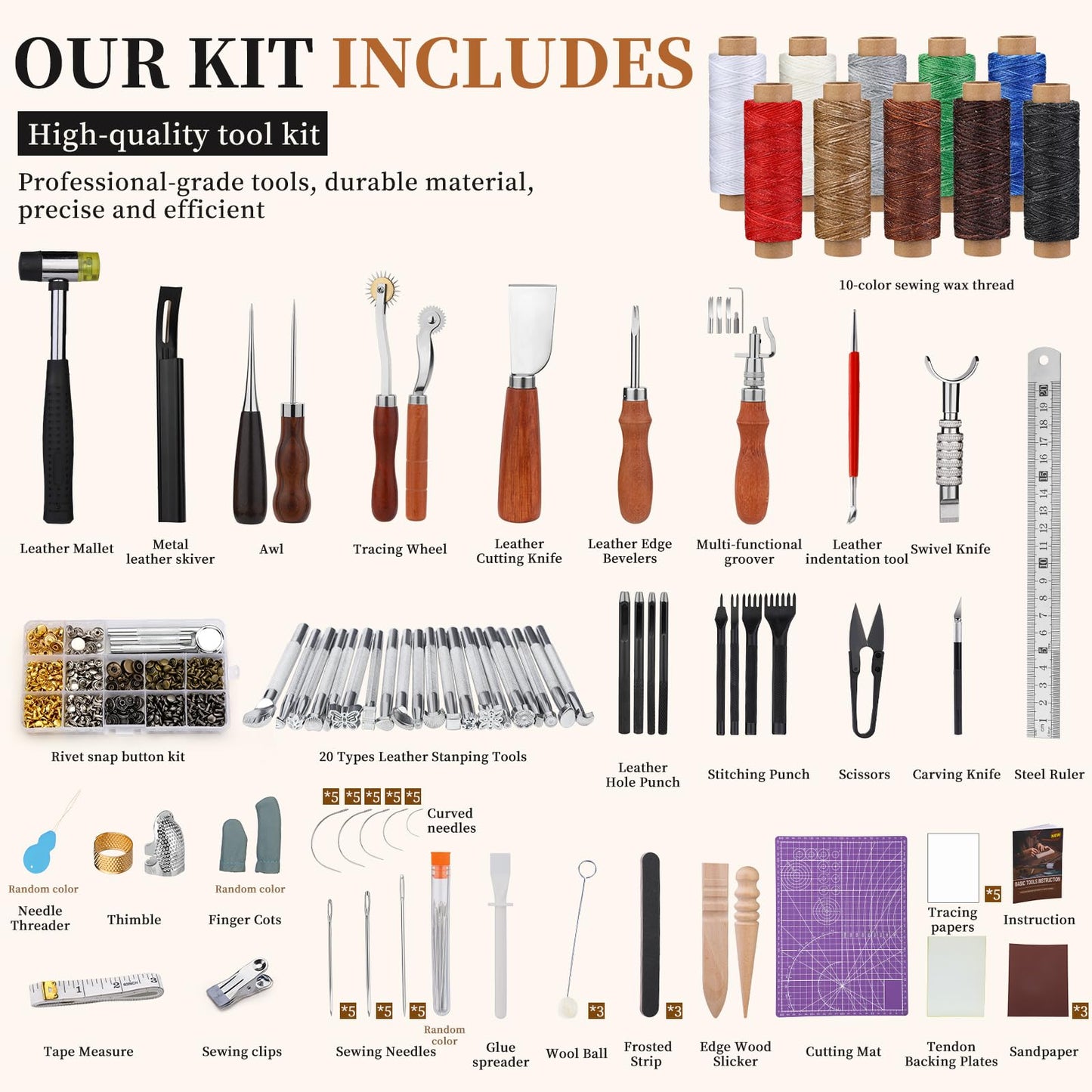 SHWAKK Leather Working Tools, All in One Leather Tooling Kit, Complete LeatherCraft Kit with Storage Bag, Stamping Tools for Sewing, Carving, Punching Stamping for Making and Handicrafts