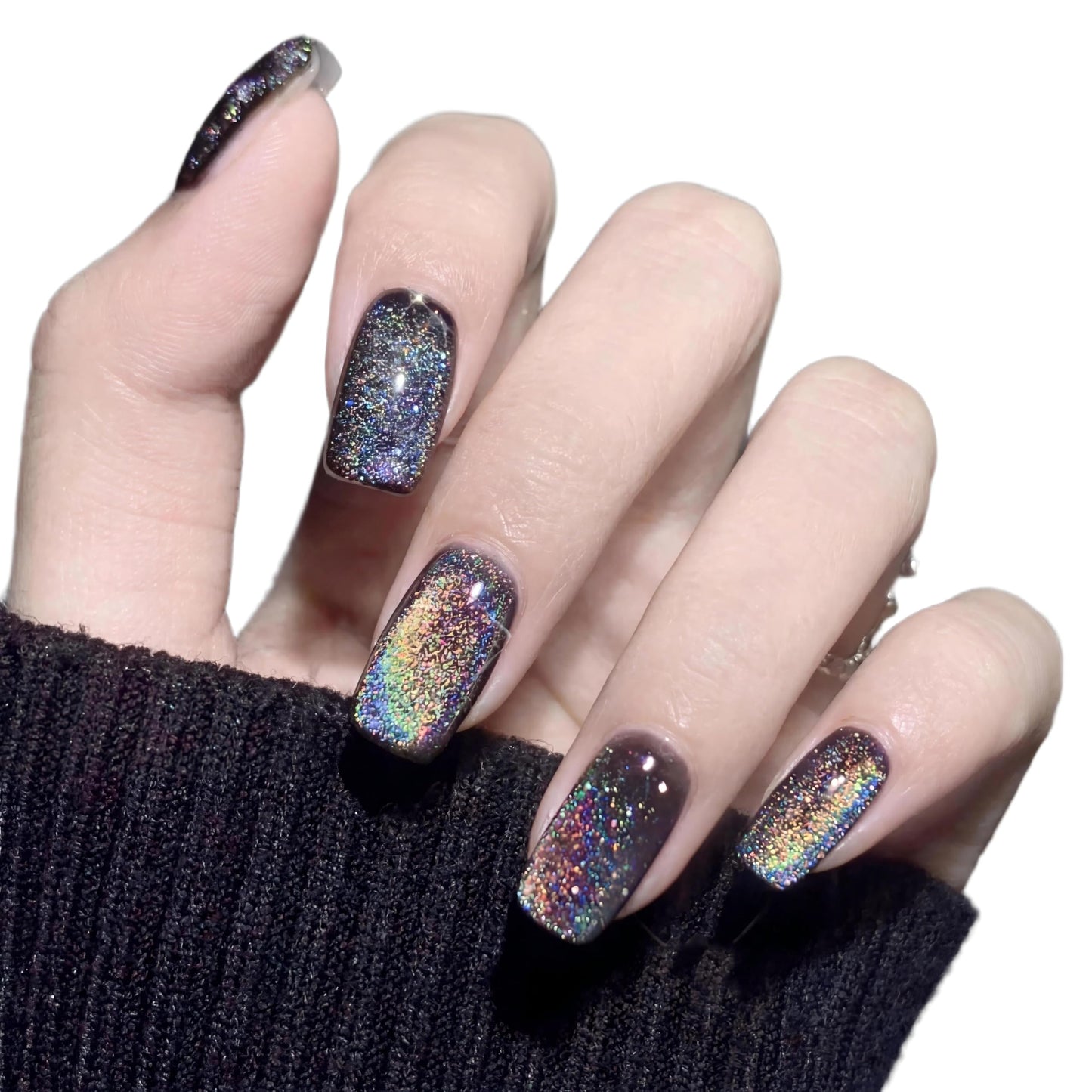 Black Cat Eye Holographic Press On Nails, Rainbow Glitter Magnetic Effect Fake Nails, Glossy Square Galaxy False Nails for Women, Reusable Full Cover Nail Tips – 24PCS