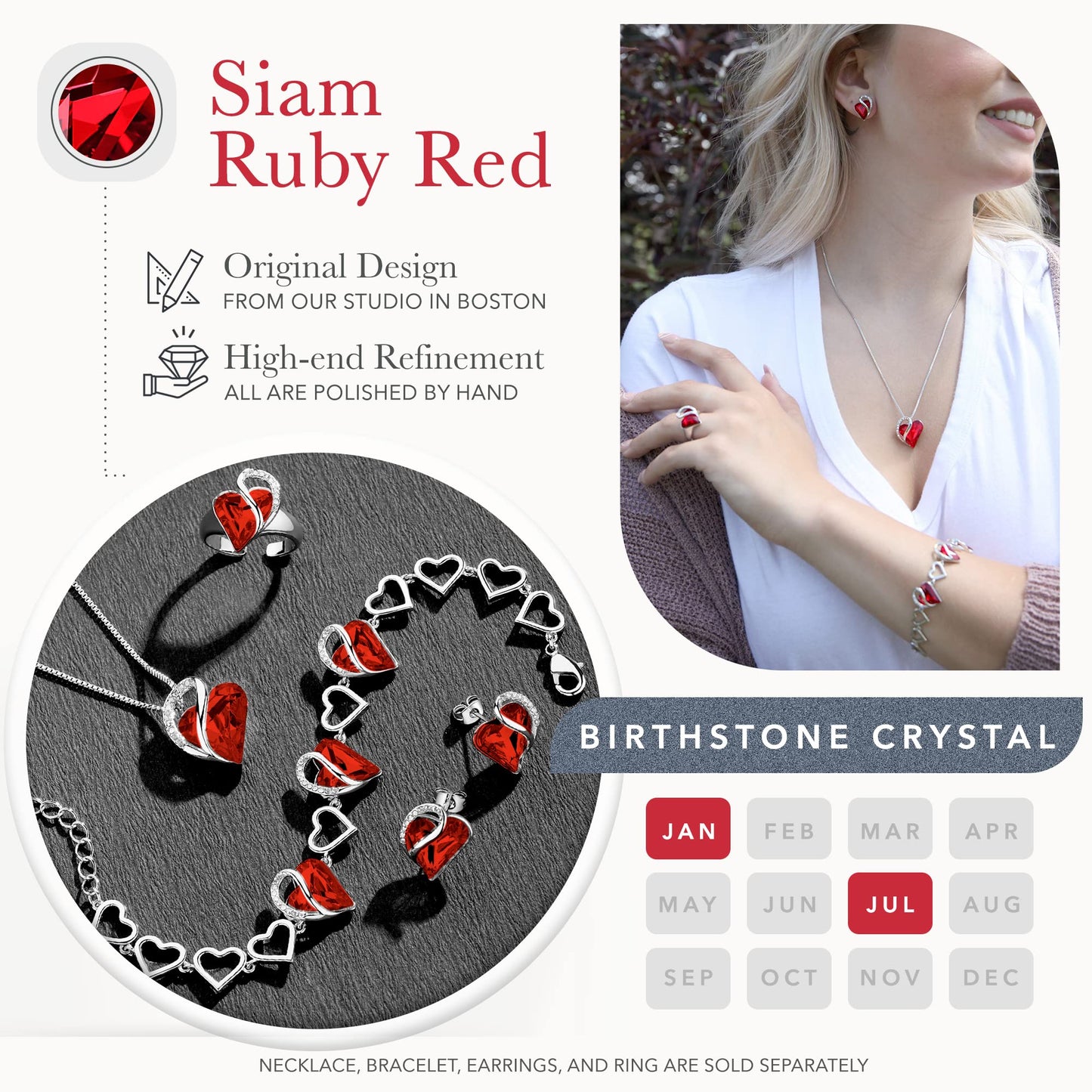 Leafael Infinity Love Heart Gift Bracelet for Women, January & July Birthstone Crystal, Siam Ruby Red, Silver Tone, 7-inch Chain and 2-inch Extender