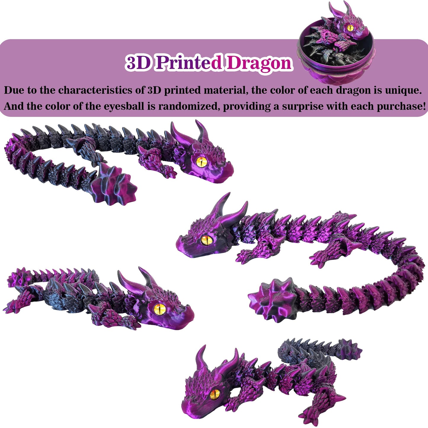 3D Printed Dragon Eggs with Dragon Inside, Large Articulated Dragons Toys with Eyes, Easter Basket Essentials Stuffers Surprise Eggs Home Decor Executive Desk Toy (Purple+Black)