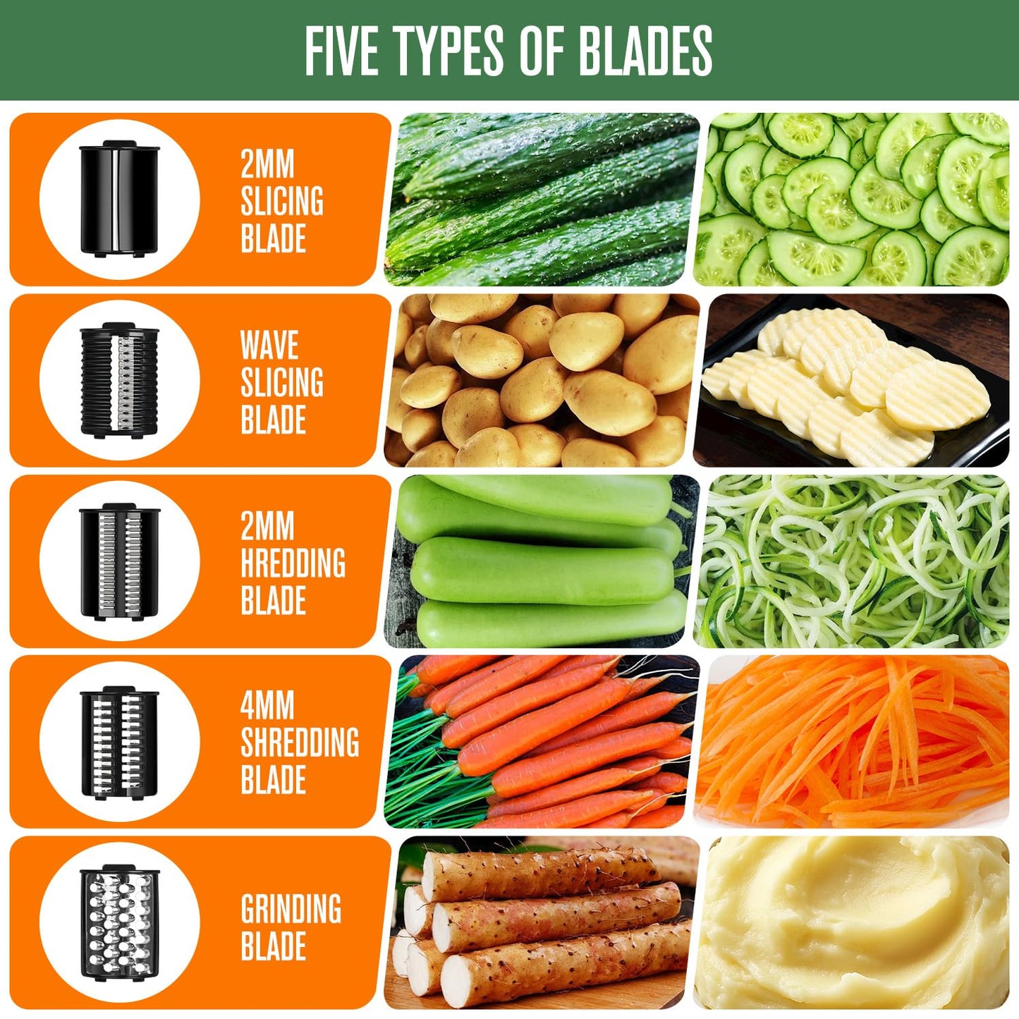 Inequalit Electric Vegetables Slicer Cheese Shredder, 5-in-1 250W Professional Automatic Salad Fruits Maker Shooter Chopper Machine Kitchen Cutter Grater Food Processor with 5 Different Blades