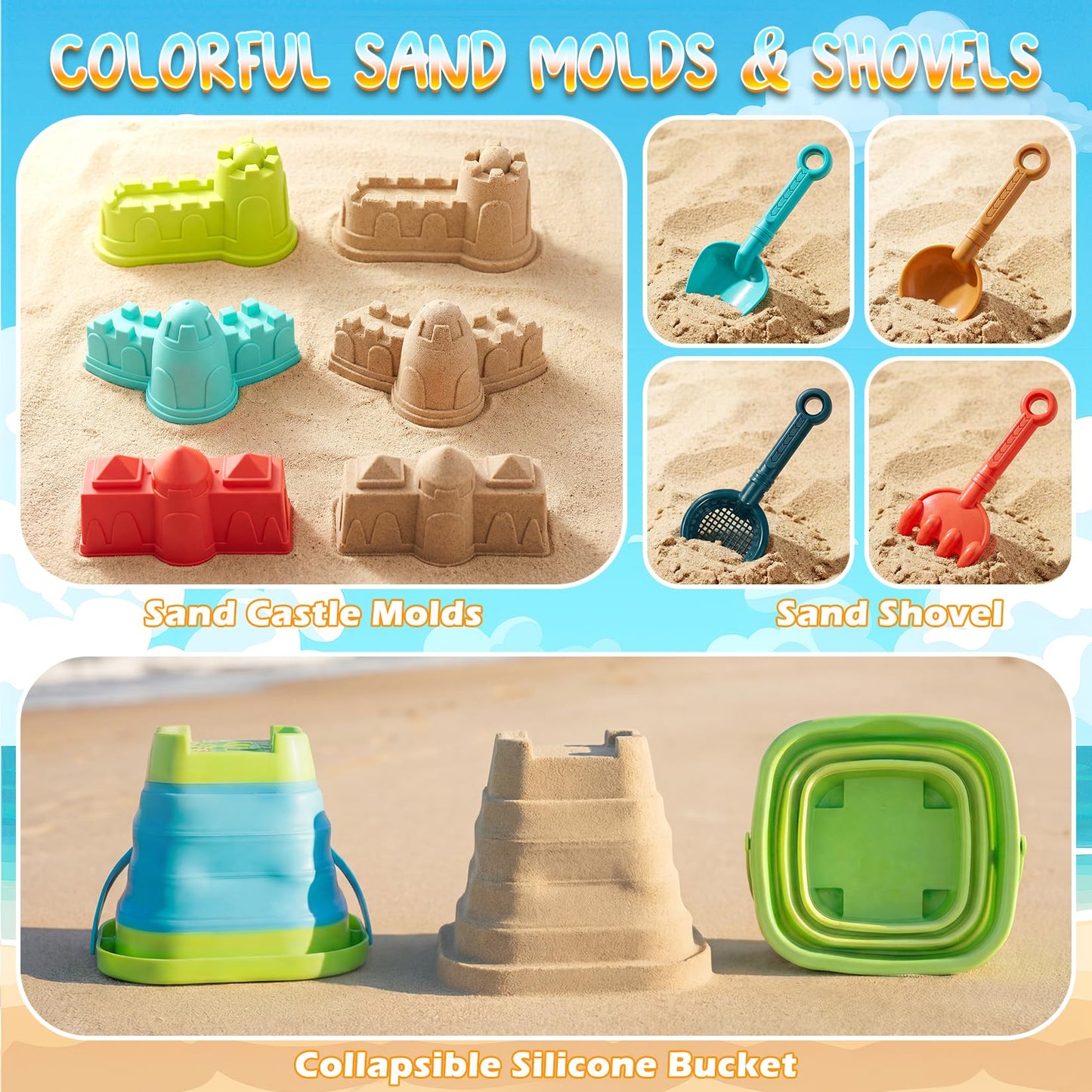 Beach Sand Toys Set with 2 PCS Adjustable Shark Tooth Sifter, Collapsible Beach Bucket,Sandbox Shovels,Sand Castle Kit,Diving Gem,Seashell Bags,Sand Sifter Shell Scooper Beach Essentials for kids 3-12