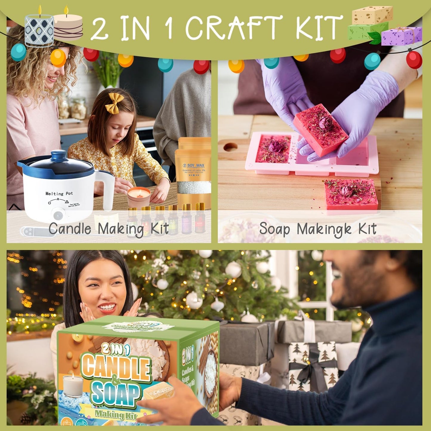 PIUH 2-in-1 Candle & Soap Making Kit for Beginners, All in one Complete DIY Craft Kit to Make Handcrafted Soap Bars + Scented Candles with Melting Pot, Wax, Soap Base, Molds, Fragrance Oils and Dyes
