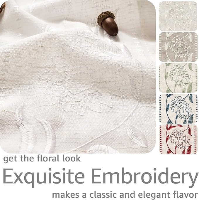 jinchan Winslow White Linen Curtains for Bedroom 108 Inches Length Embroidered Bordered Floral Curtains for Living Room Farmhouse Decor Light Filtering Window Treatments White on White Drapes 2 Panels