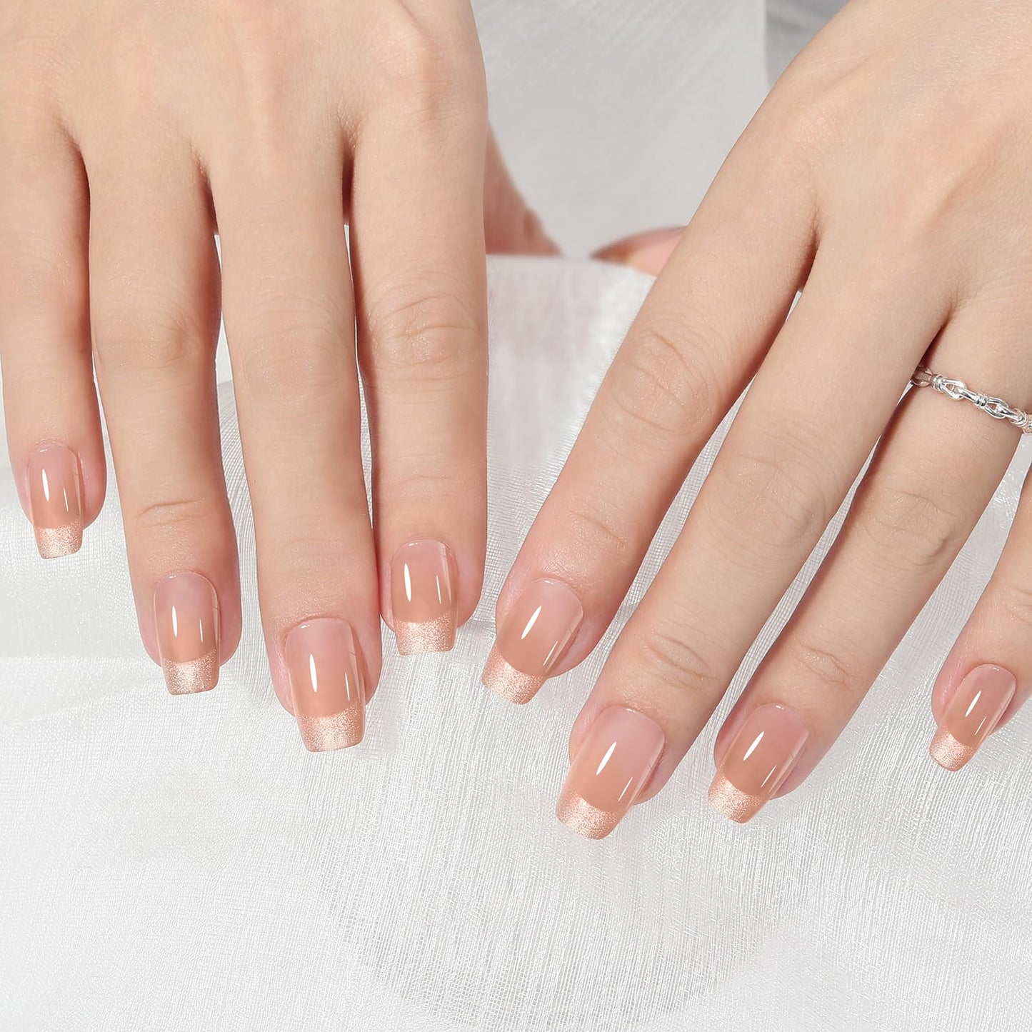 Press on Nails Short Square French Tip 2 Pack, Nude Pink|Caramel Brown Nail Press ons with Gold Glitter - 60Pcs Stick on Nails Kit, Reusable False Nails for Women (L2270_2091)