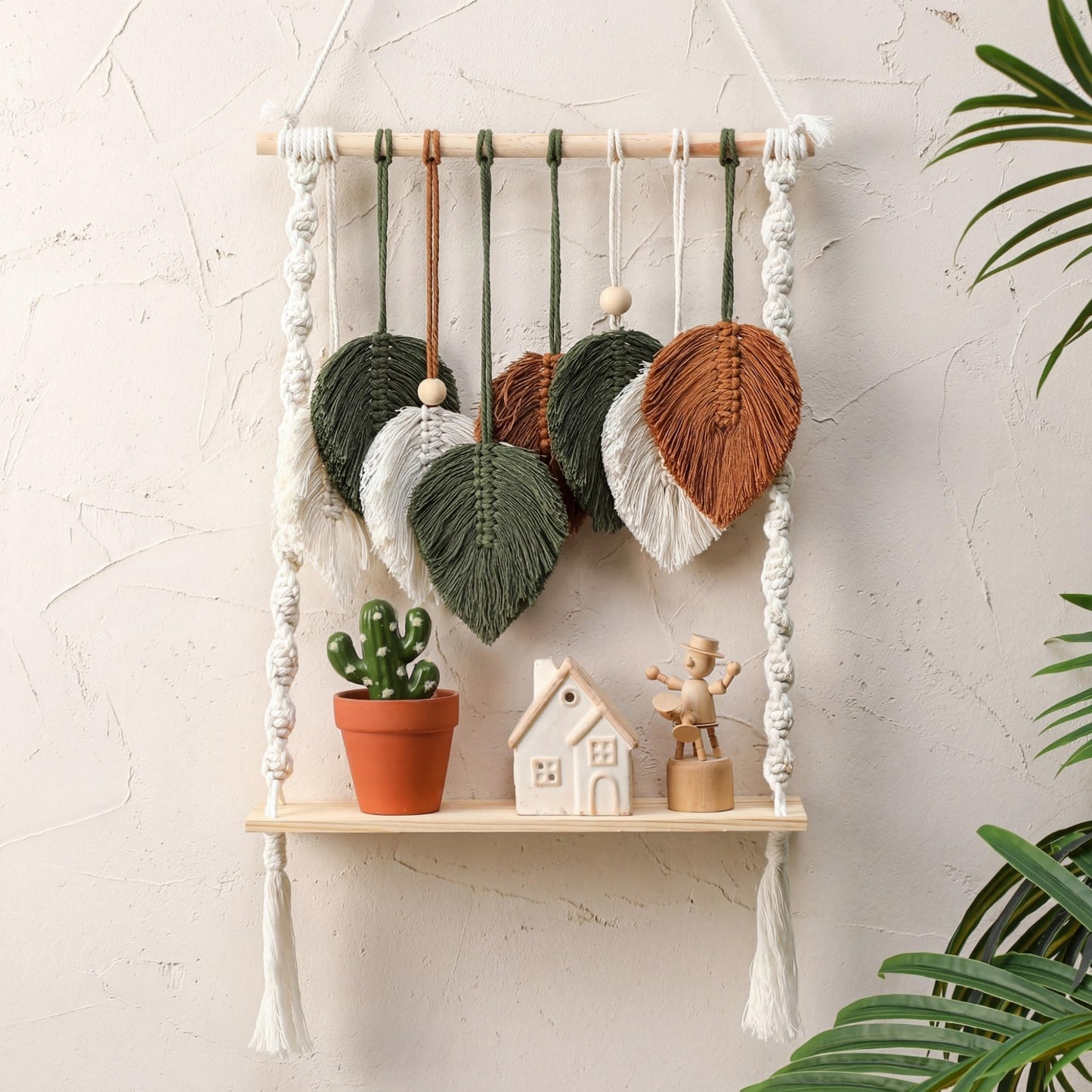 Fiwochic Single Tier Macrame Boho Wall Hanging Shelf Handmade Bohemian Wooden Woven Floating Storage Shelves Decor Photos Plants Display Shelving for Nursery Bathroom Bedroom Living Room
