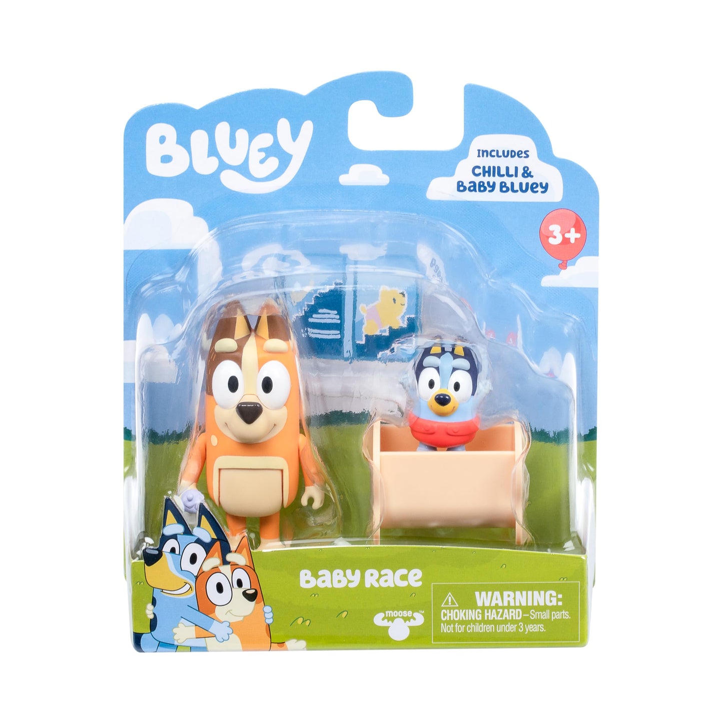 Bluey Baby Race Toy Figurines Pack of 2, Articulated Character Toys with Chilli, and Baby in Cradle Accessory, Small Action Figures Ages 3+
