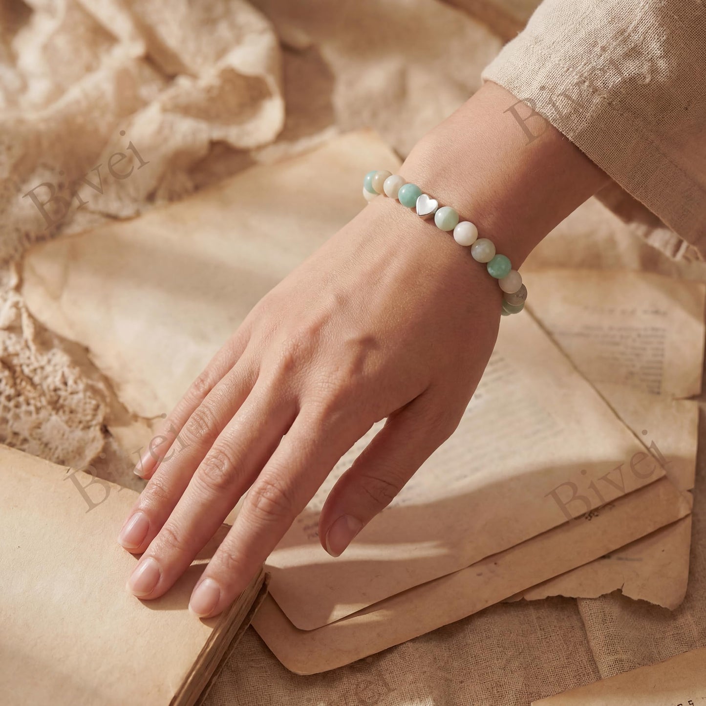Bivei 6mm Amazonite Crystal Stretch Bracelets for Women, Handmade Natural Stone Beaded Bracelet, Yoga Protection Jewelry Gift