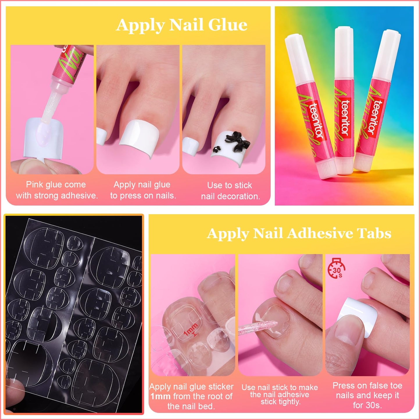Teentor Square White Toenails Press on Kit, 15 Sizes Toe Nail Press ons with Nail Glue, Thick Press on Toenails Toe Press on Nails Tips for Women, Full Cover Glossy Fake Toe Nails Glue on for Wedding
