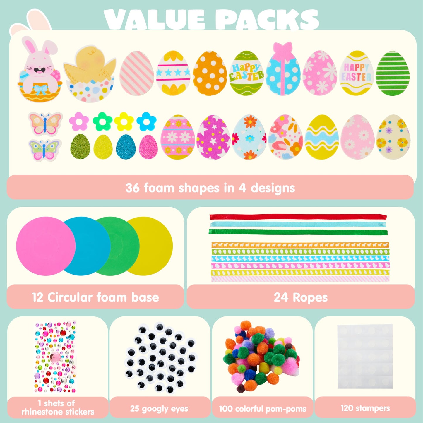 JOYIN 12 Sets Easter Wreath Signs Decorations, DIY Foam Craft Kit with Bunny, Chick & Egg Foam Stickers, Amusing Wiggle Eyes and Pom-Poms for Kids Easter Kids Activities, Party, Gift Decorations.