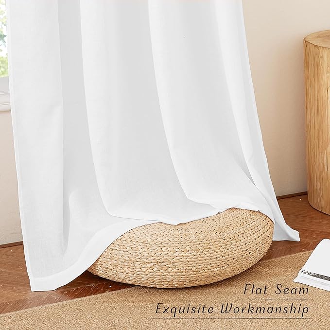 NICETOWN Linen White Curtains 96 inches Long for Farmhouse, Grommet Thick Linen Flax Drapes Privacy Added with Light Filtering Window Treatments for Bedroom/Living Room, W55 x L96, 2 Panels
