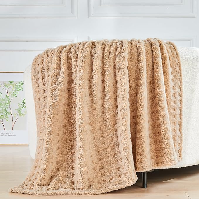 NEWCOSPLAY Super Soft Throw Blanket Brown Premium Silky Flannel Fleece 3D Waffle Checkered Lightweight Bed Blanket All Season Use (Brown, Throw(50"x70"))