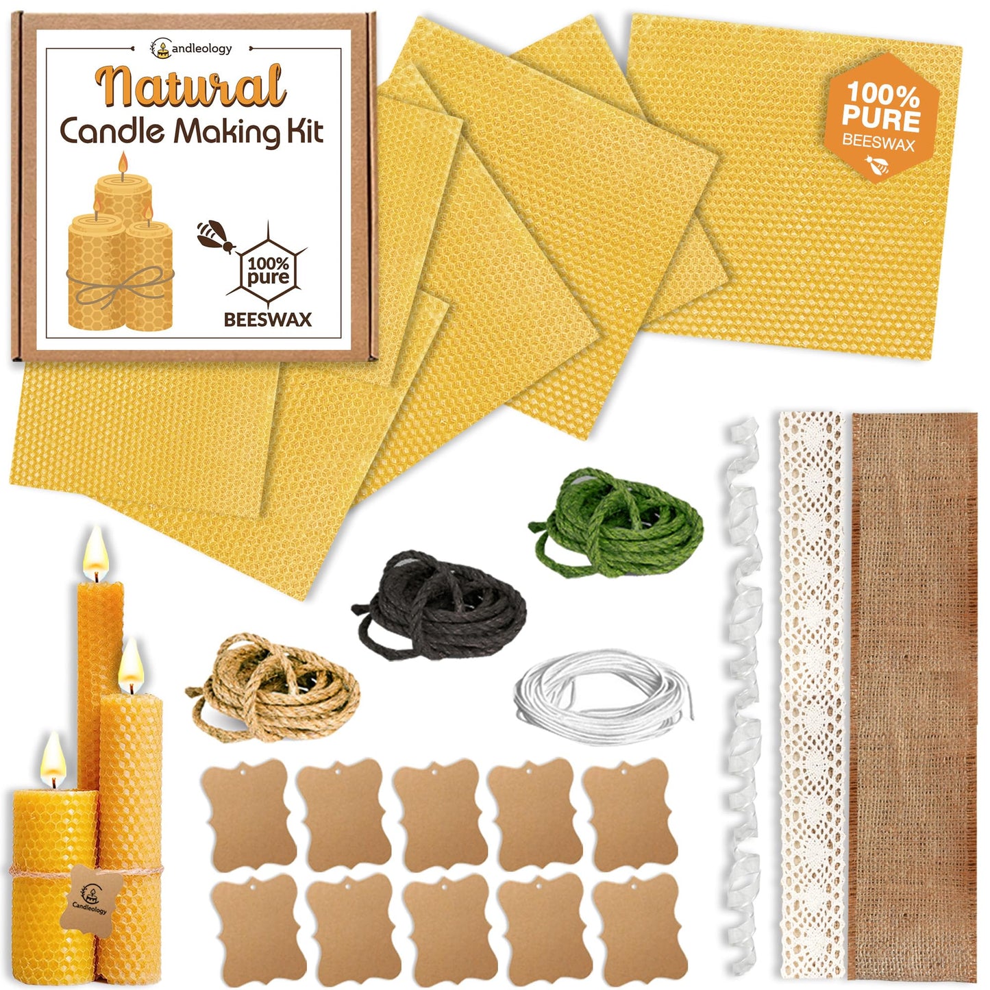Beeswax DIY Candle Making Kit - Natural Candle Rolling Kit for Beginners with 7 Beeswax Sheets & Multiple Decorations to Make Candles