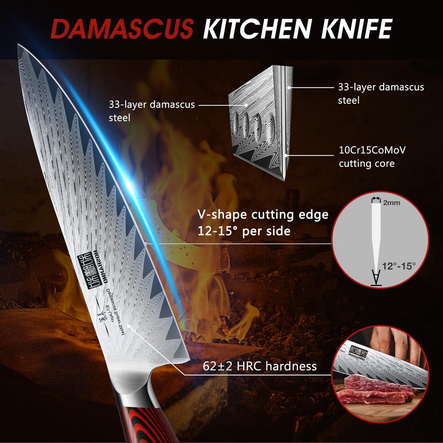HOSHANHO 3 Pieces Damascus Kitchen Knife Set Ultra-Sharp Knives Set, Professional Chef Knife Set With G10 Ergonomic Handle,Gift Box