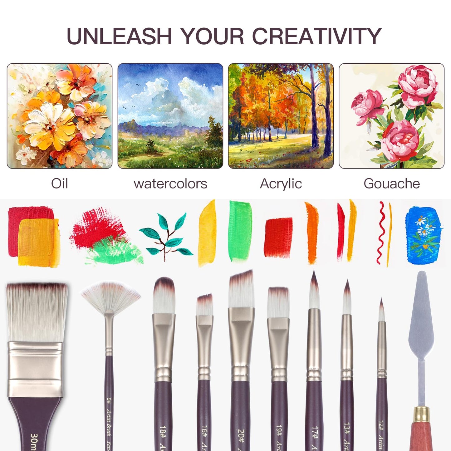 XWT 23pcs Paint Brush Set, Professional Artist Brushes for Acrylic and Oil Painting, Includes Flat, Filbert, Fan, Round, Angle, Rigger, and Palette Knife, Portable Storage Roll