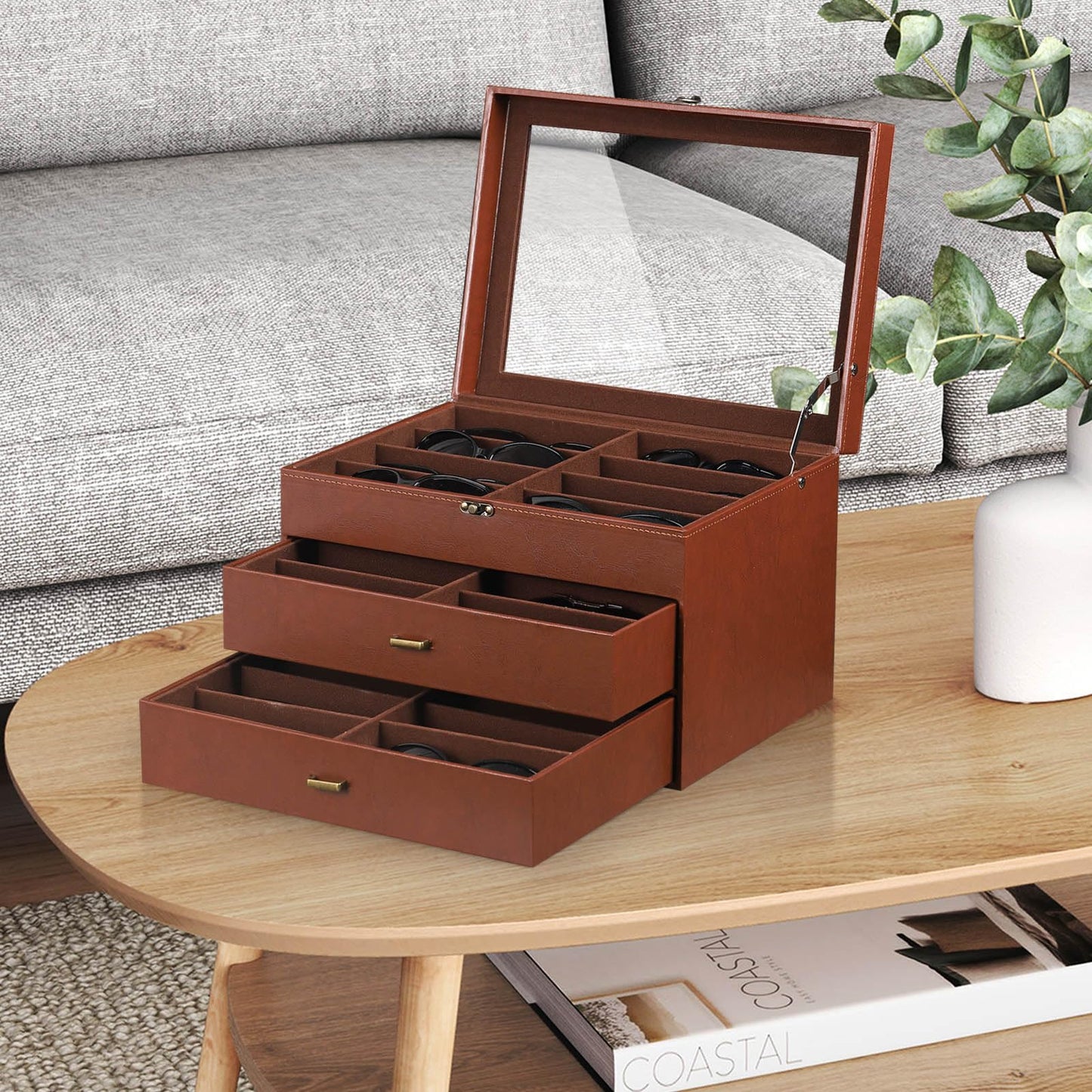 AUTOARK Leather & Velvet Clear Lid 24 Piece Eyeglasses Storage and Sunglass Glasses Display Drawer Lockable Case Organizer,Coffee,MKAW045