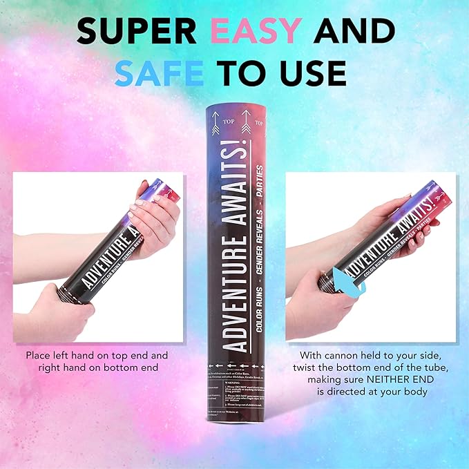 Adventure Awaits! - BABY GENDER REVEAL - 4-Pack Hand Held Air Filled Party Popper - 3 options: 4 Blue or 4 Pink or 2 Red/2 Blue - Check our store for other Color Run Festival colors! (4 Pink)